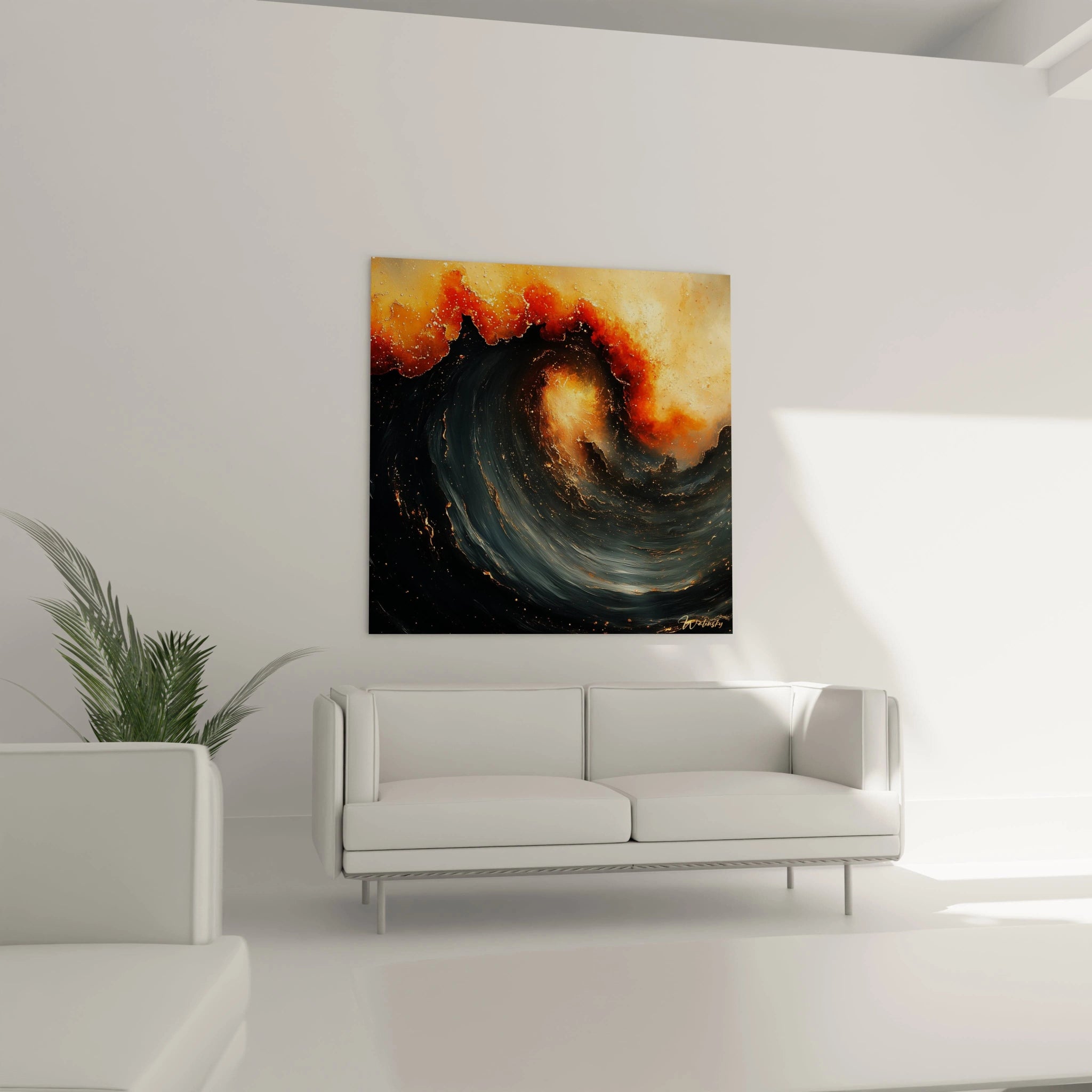 Tableau expressionniste abstrait de Walensky représentant une vague tourbillonnante aux couleurs chaudes