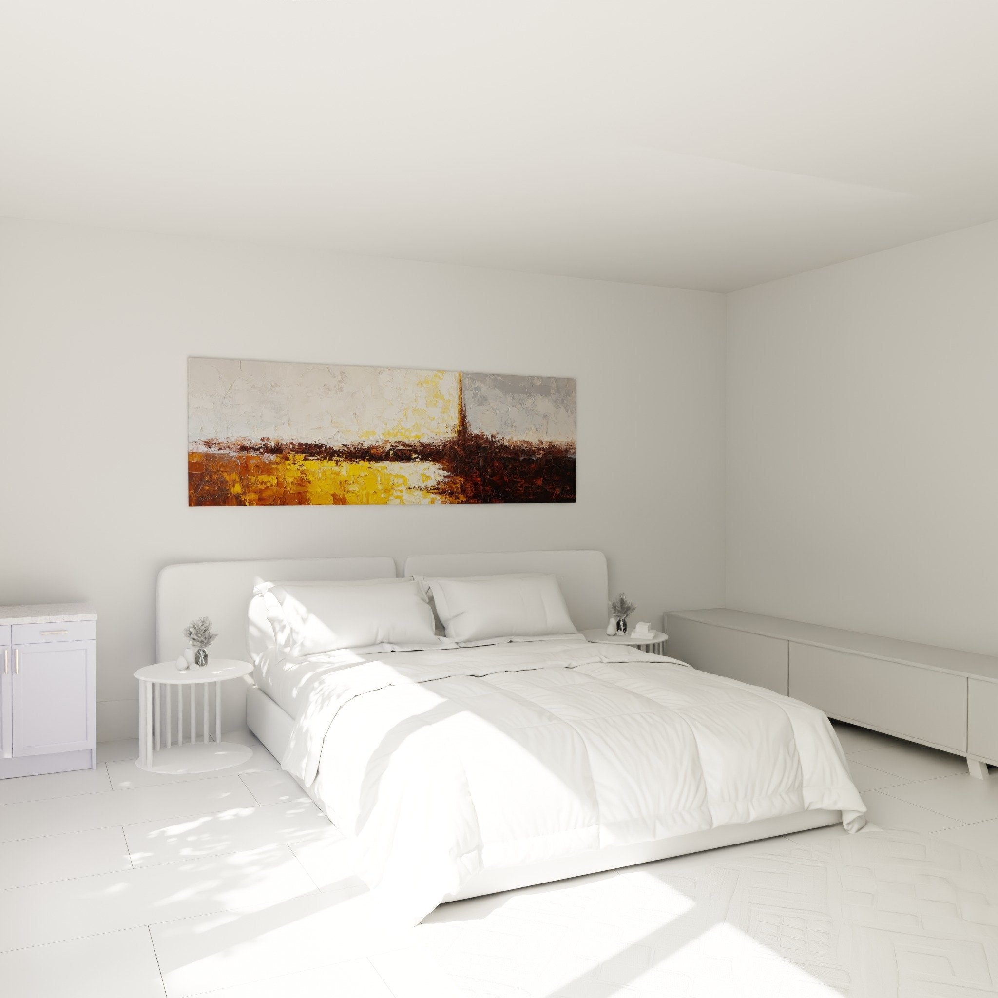 Tableau abstrait ocre brun au-dessus lit chambre décoration murale feng shui centre terre ambiance chaleureuse