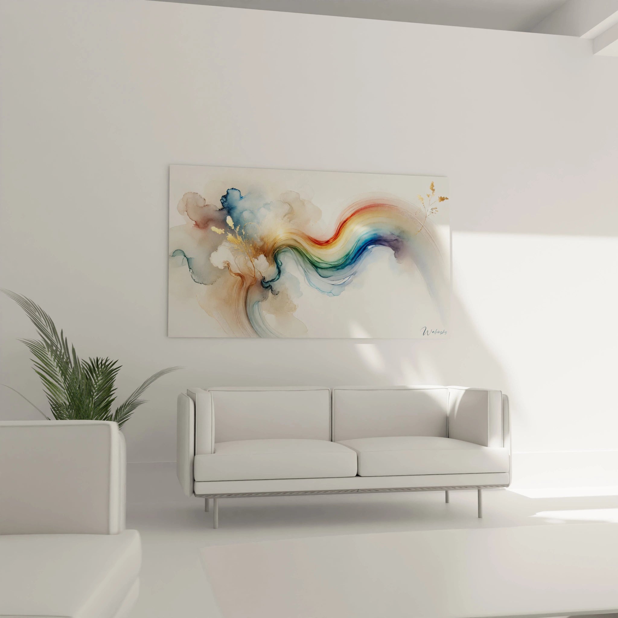 Au-dessus d'un canape dans le salon, ce tableau Arc-en-Ciel illumine la piece avec ses couleurs vibrantes et son aura contemporaine. Une veritable touche de poesie et de dynamisme pour votre decor.