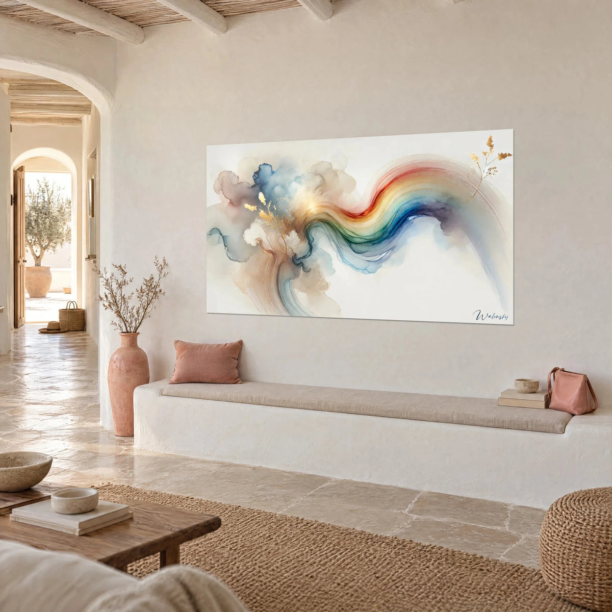 Quadro nastro ondulato colorato dall'arancio al blu profondo, fiori dorati su sfondo crema, muro imbiancato a calce, casa mediterranea