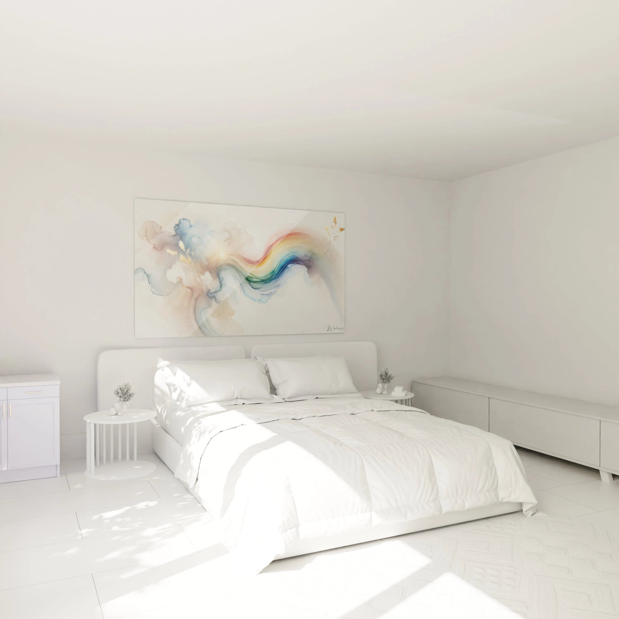Dans une chambre, le tableau Arc-en-Ciel sublime l'espace au-dessus du lit avec ses teintes multicolores et touches dorees. Il insuffle une ambiance apaisante et inspiree, ideale pour demarrer ou conclure la journee.
