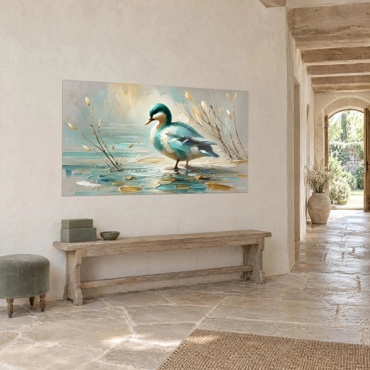 Gemälde Wasservogel mit smaragdgrünem Kopf watend in einem Teich aus Petrol und Gold, Steinhalle