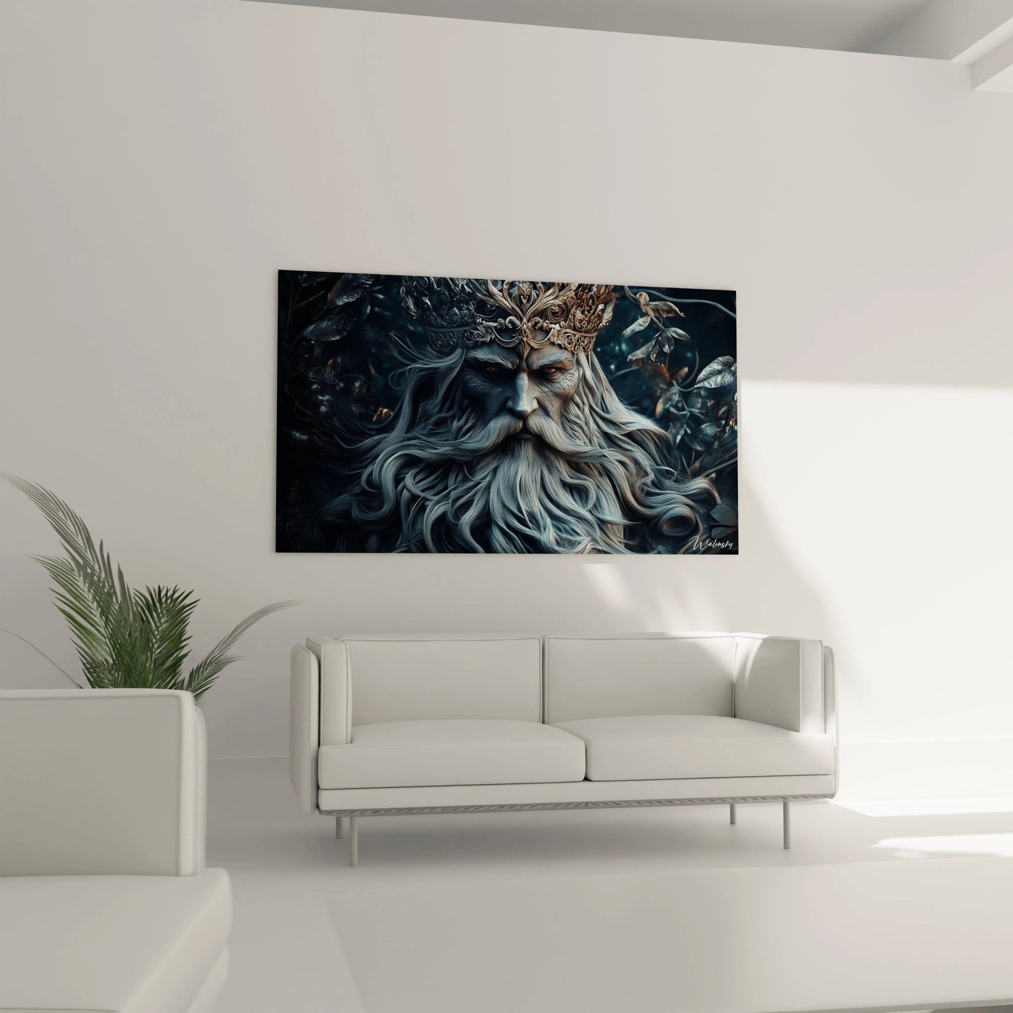 Un tableau personnage mythologique présentant un ancien souverain au regard profond, avec une barbe bleu-argent finement détaillée et une couronne sculptée dorée. Les contrastes entre l'or, le bleu et le noir créent une atmosphère mystique.