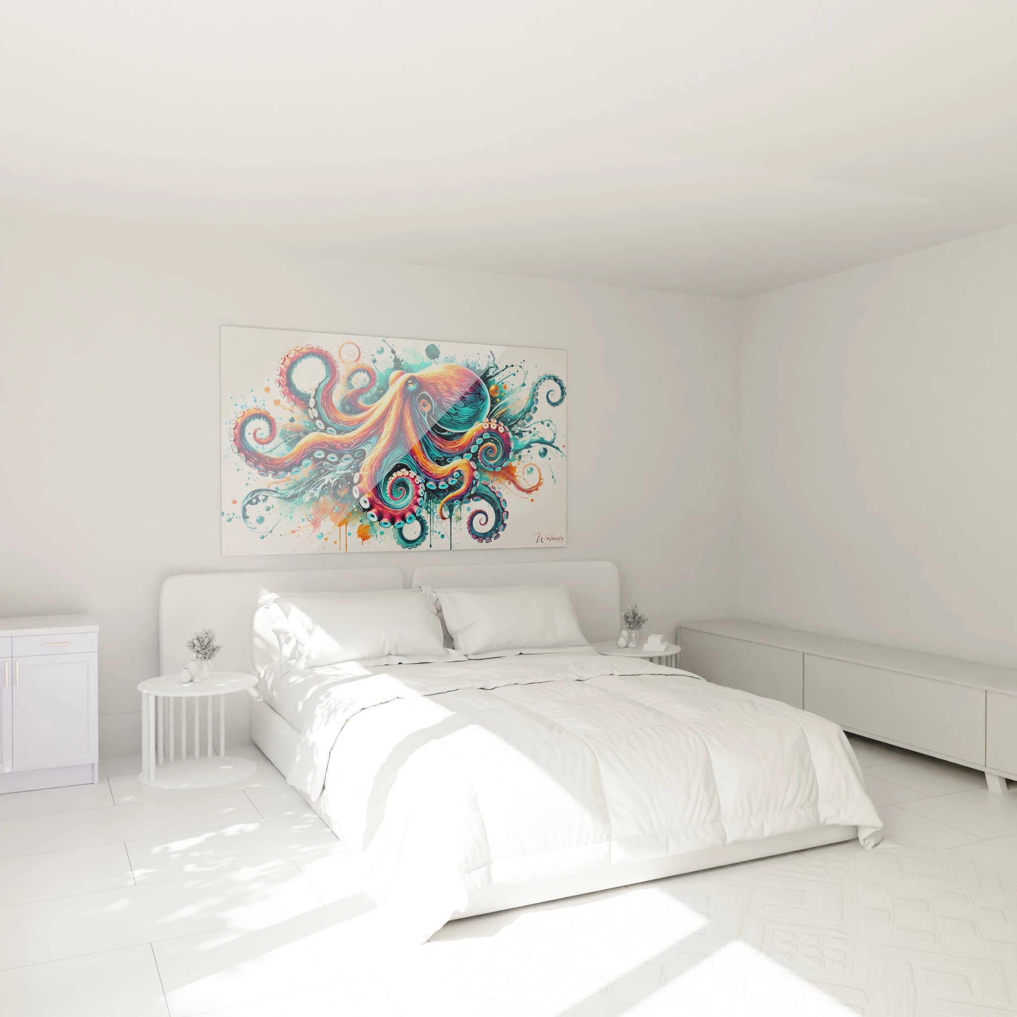 tableau poulpe accroche dans une chambre au dessus du lit cette œuvre marine ajoute une touche de dynamisme et d originalité a votre espace tout en créant une ambiance apaisante