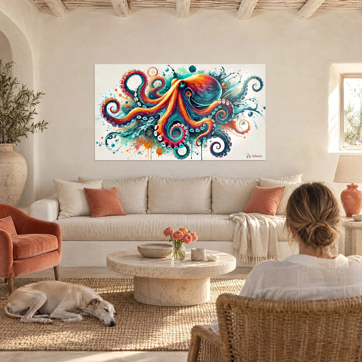 Quadro polpo arancio e turchese con tentacoli a spirale e schizzi d'inchiostro, sopra un divano in un soggiorno luminoso