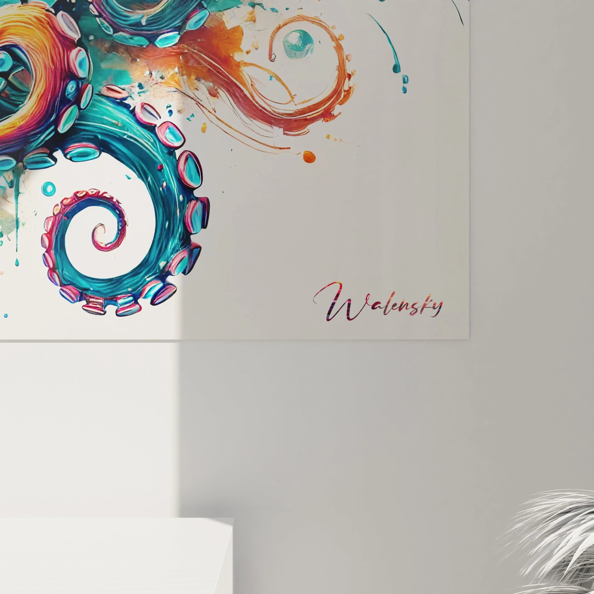 vue de pres du tableau poulpe les tentacules sinueux et les eclaboussures de peinture donnent vie a cette interpretation artistique riche en couleurs