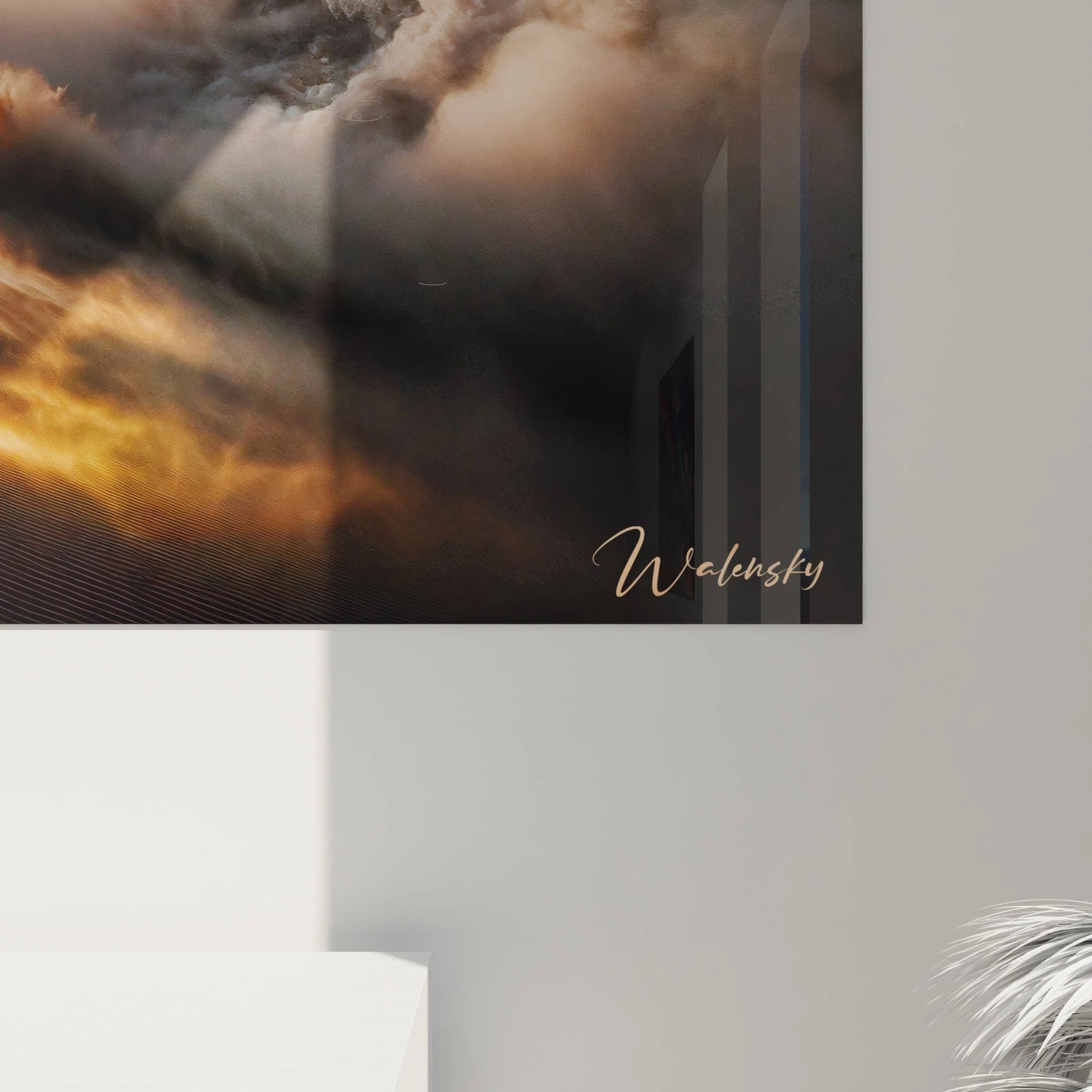 Un tableau paysage centré sur une vaste étendue désertique, soulignée par des nuages orageux tombants, textures tourbillonnantes et dégradés lumineux sur les crêtes.