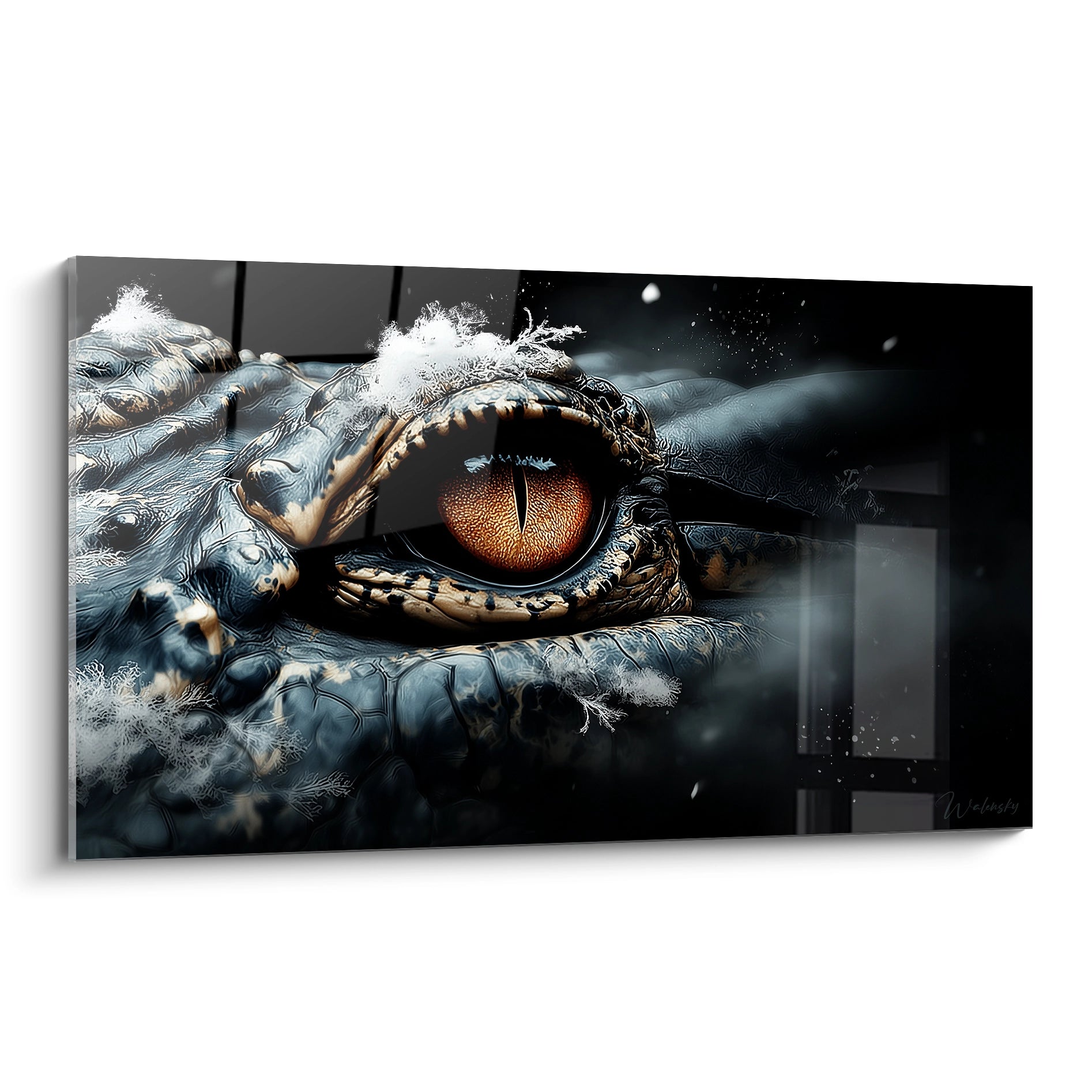 Tableau mural œil de crocodile hyperréaliste avec iris orange et écailles détaillées - Art reptilien Kaprosuchus