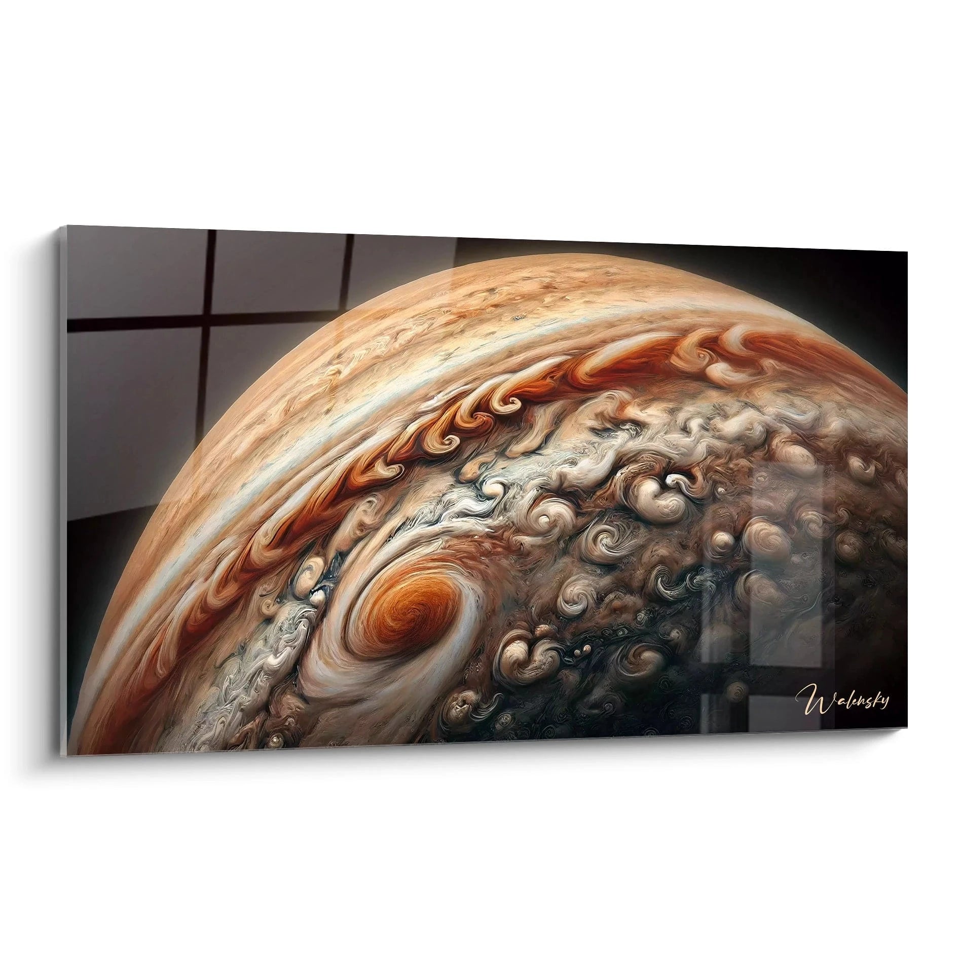 tableau espace vu de biais aux nuances orange marron et blanc reproduisant les tourbillons de Jupiter sa profondeur cosmique et la grandeur de ses tempetes pour une immersion interstellaire captivante