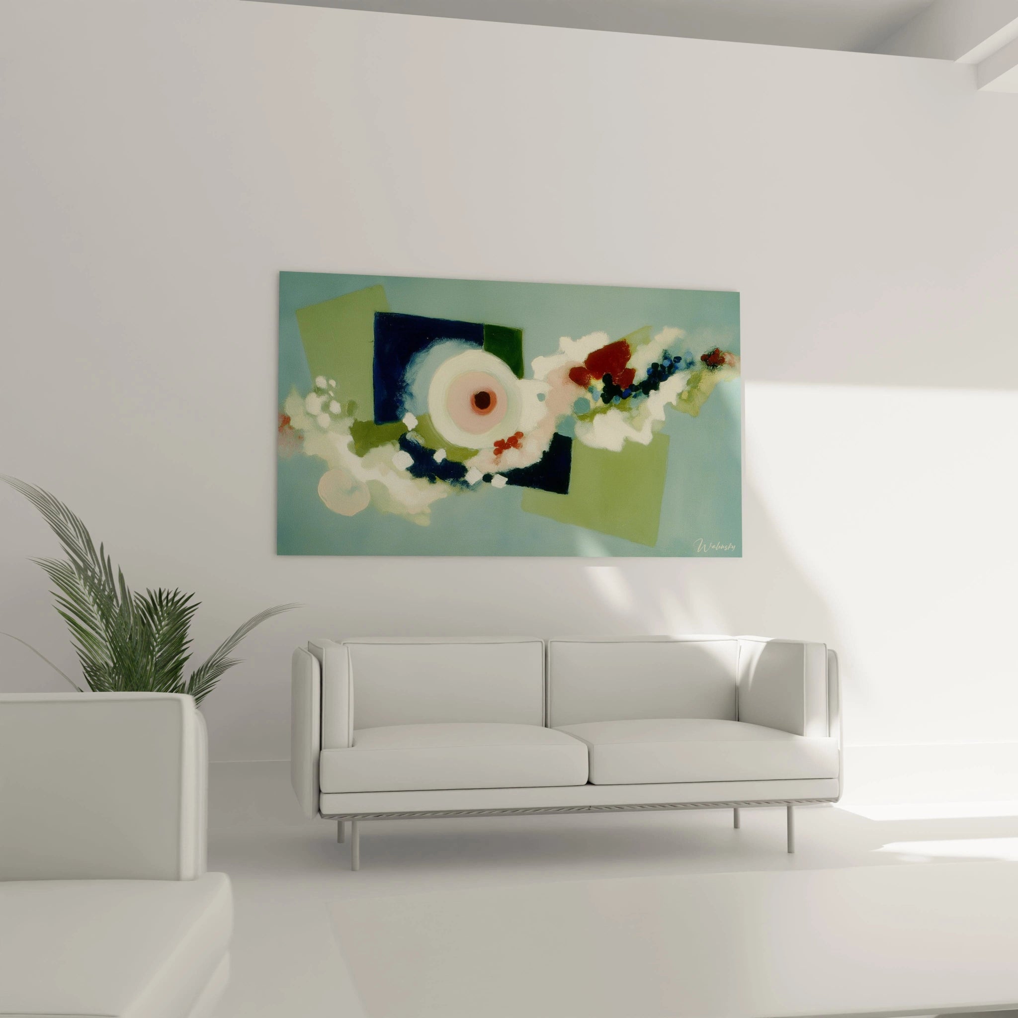 tableau dadaïsme moderne Walensky mural abstrait vert et bleu accroché au dessus d un canapé blanc minimaliste