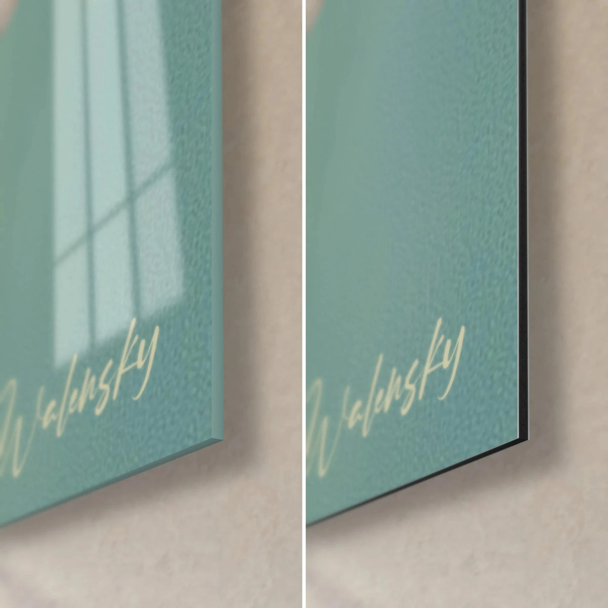 Tableau œil mécanique en dadaïsme, coin bas droit : fond bleu turquoise, signature crème, verre brillant et Dibond noir mat