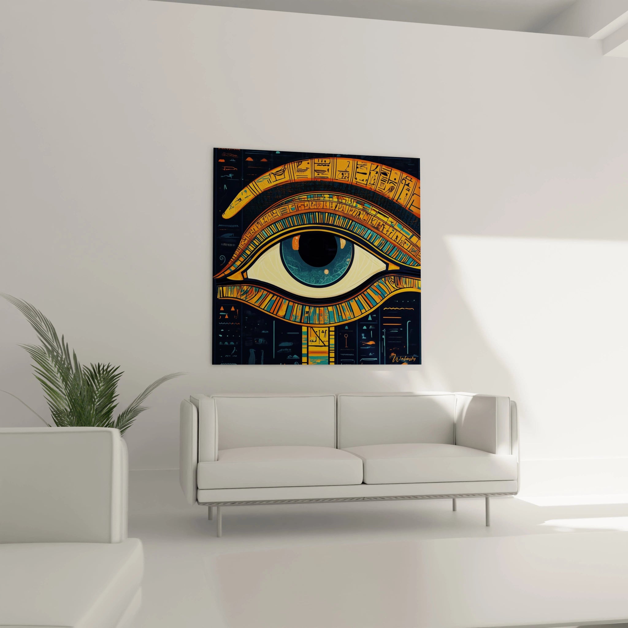 Tableau mural Egypte Walensky représentant un œil d'Horus coloré dans un salon lumineux