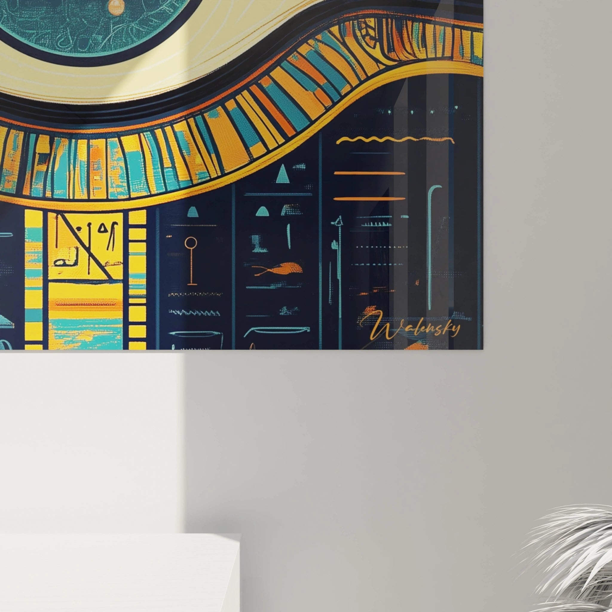 Tableau Egypte mural Walensky avec hiéroglyphes et motifs dorés et bleus modernes