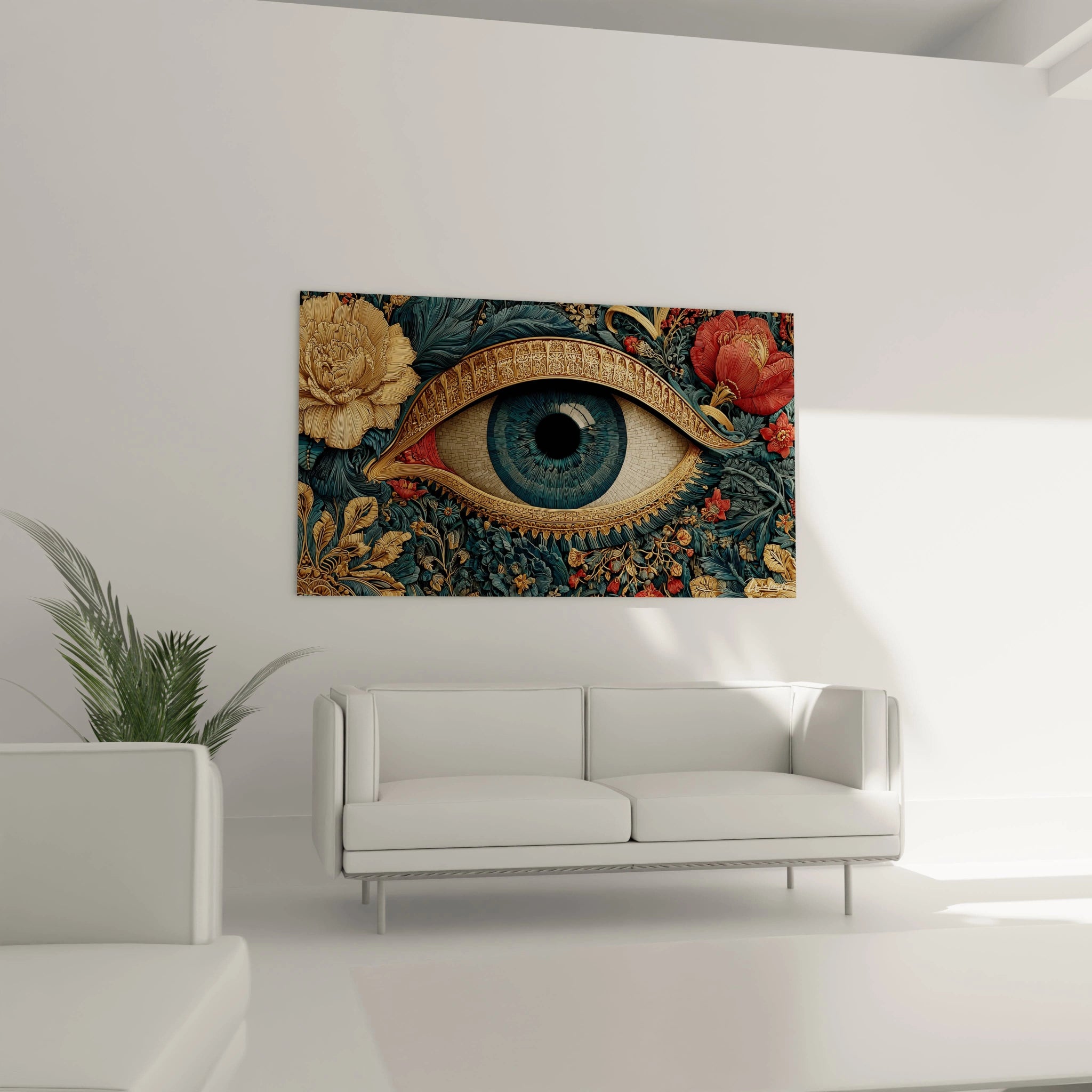 tableau art nouveau œil mural Walensky grand œil bleu entouré de fleurs dorées et rouges dans salon moderne