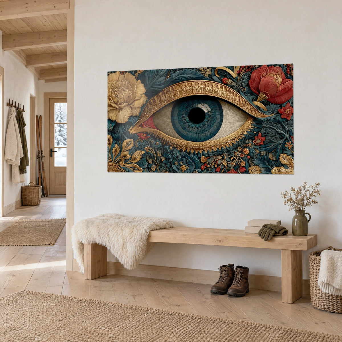 Quadro iride indaco con palpebra dorata cesellata, fiori corallo e crema su fogliame blu notte, vista di tre quarti in uno chalet