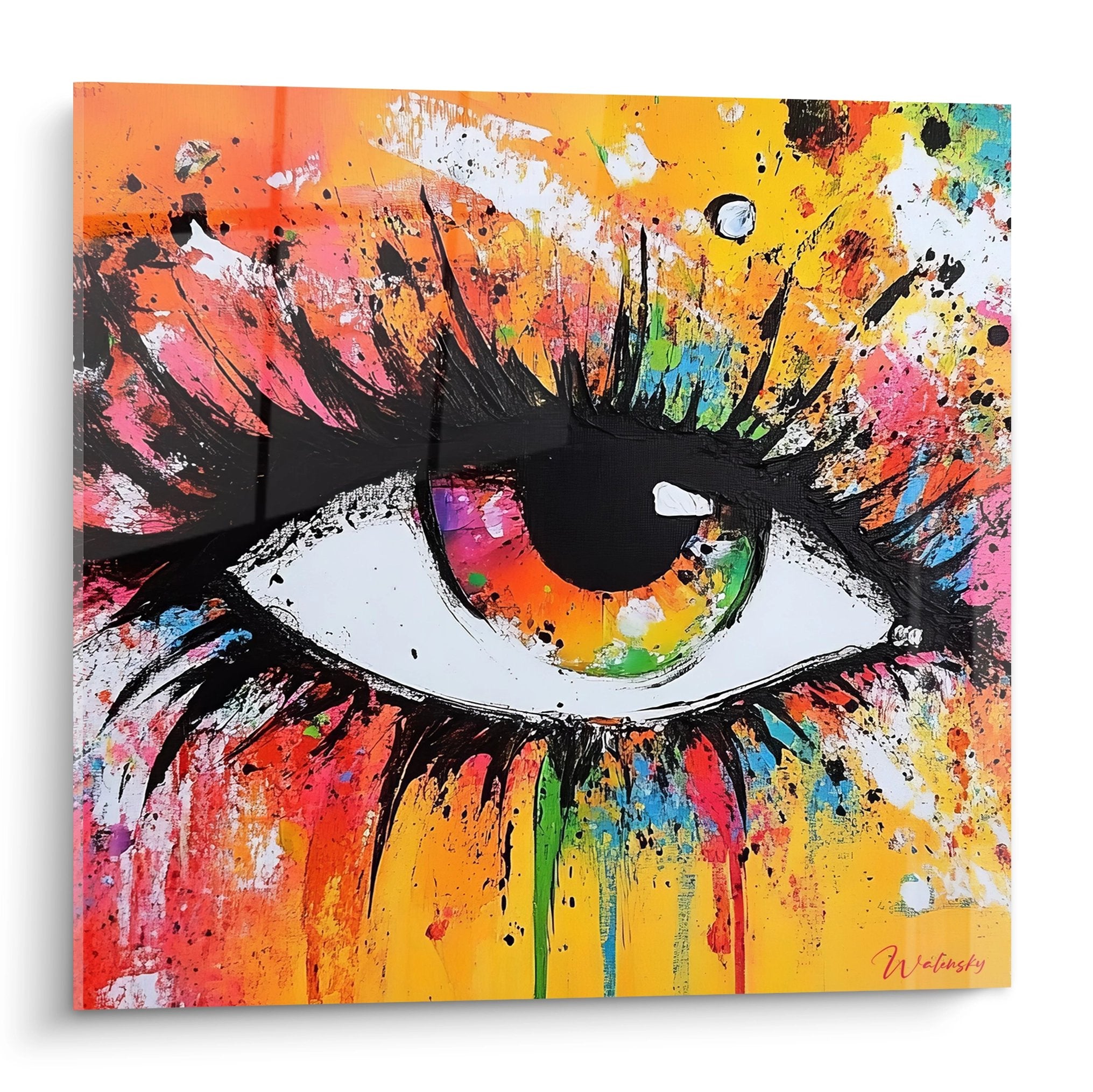Tableau œil multicolore abstrait aux couleurs vives avec cils noirs expressifs sur fond éclaboussures