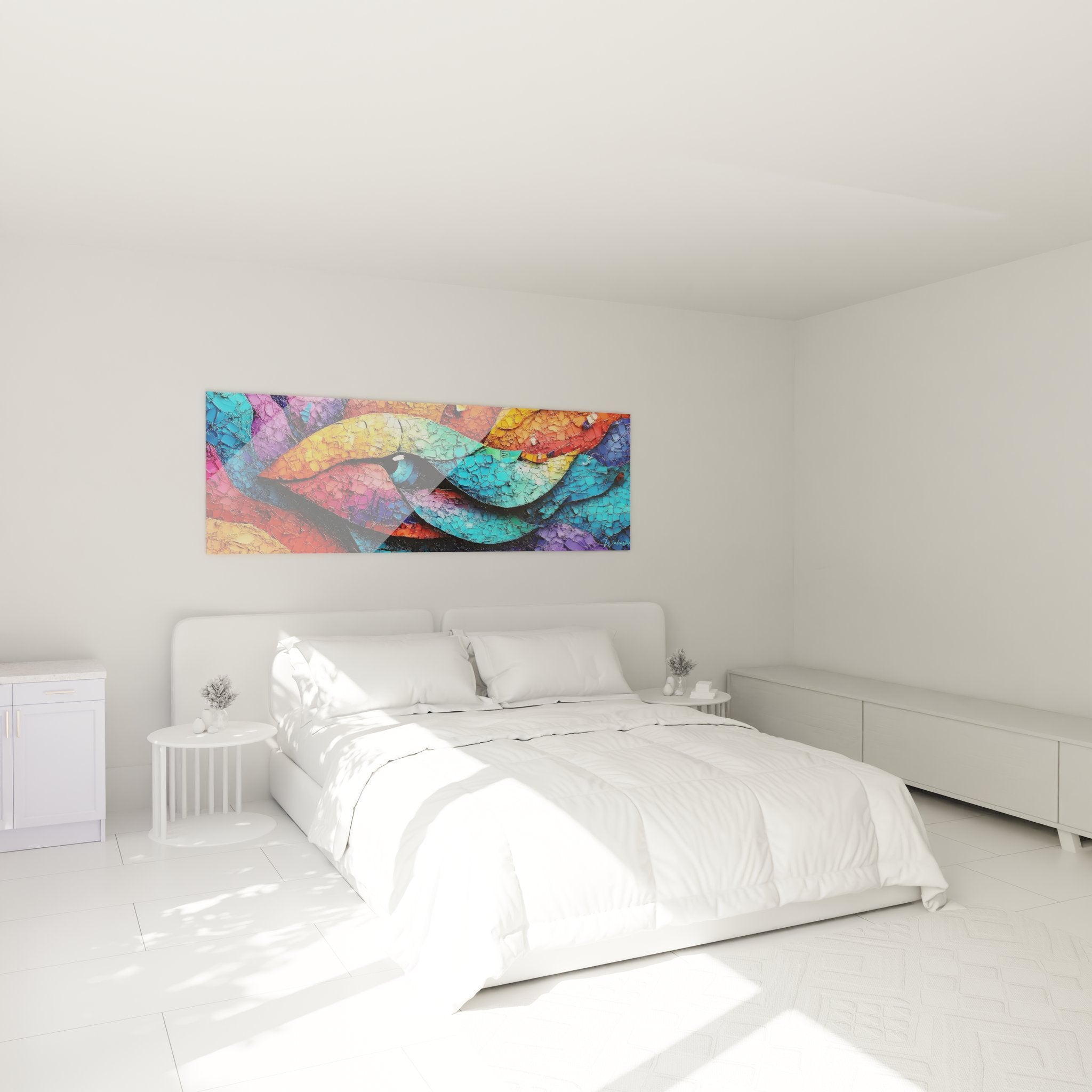 Ambiance chambre avec tableau œil multicolore abstrait accroché au mur décoration moderne colorée