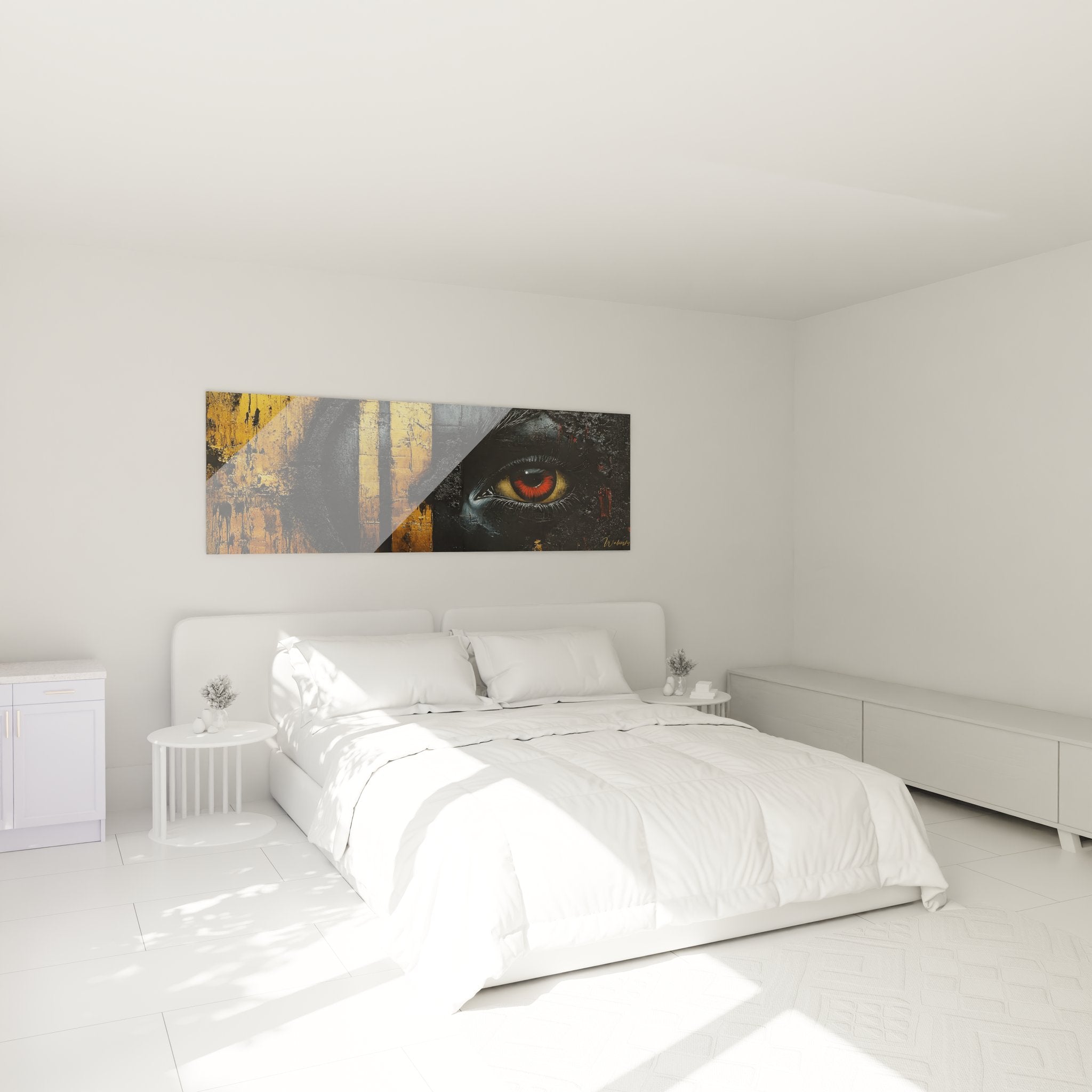 Tableau œil mystique décoratif moderne dans chambre contemporaine, ambiance design et sophistiquée