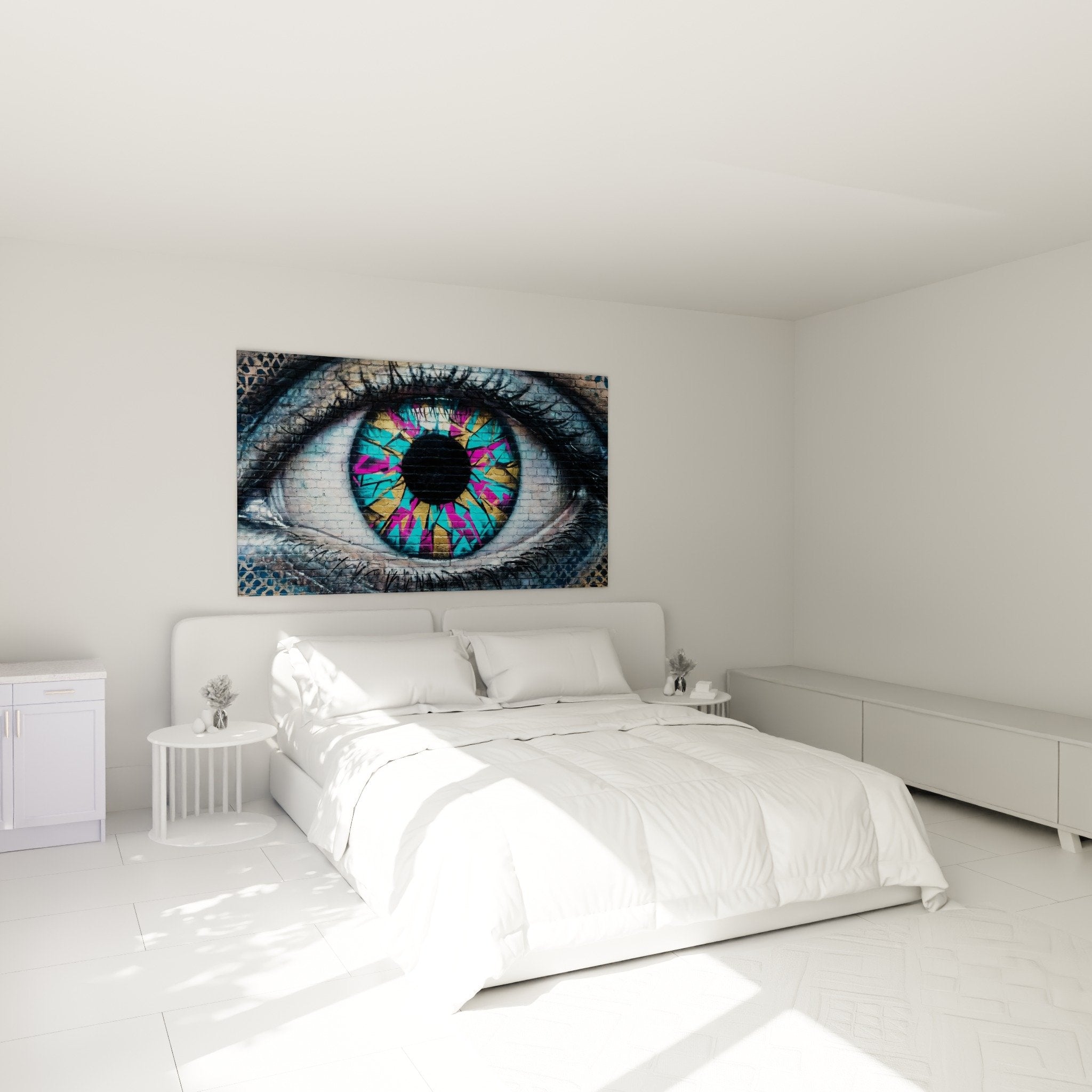 Street-Art-Auge-Neon-Wandbild im modernen Schlafzimmer, weiße Wand, zeitgenössische Möbel, künstlerische urbane Atmosphäre