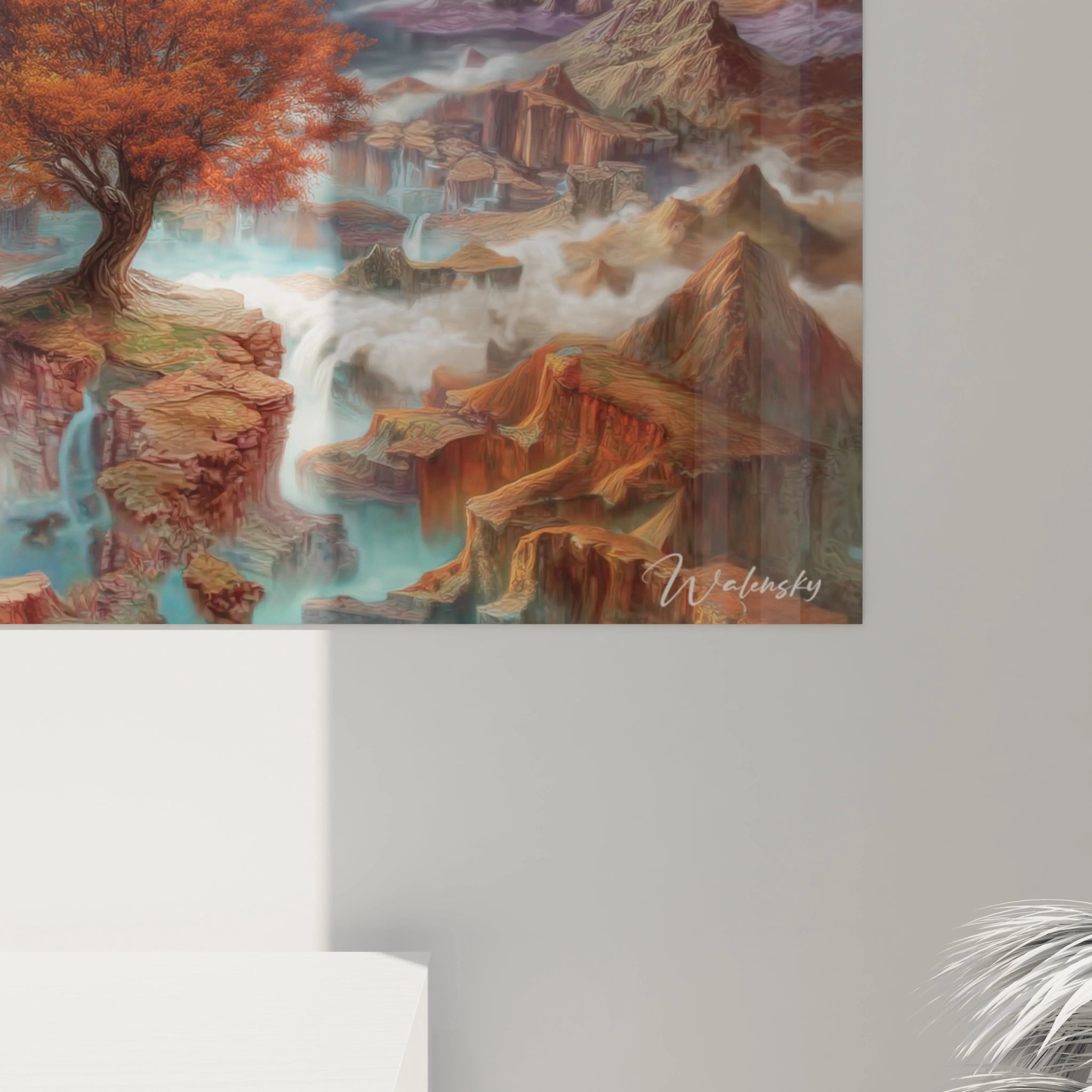 tableau surréaliste œil portail Walensky paysage onirique avec falaises, cascades, arbre orange