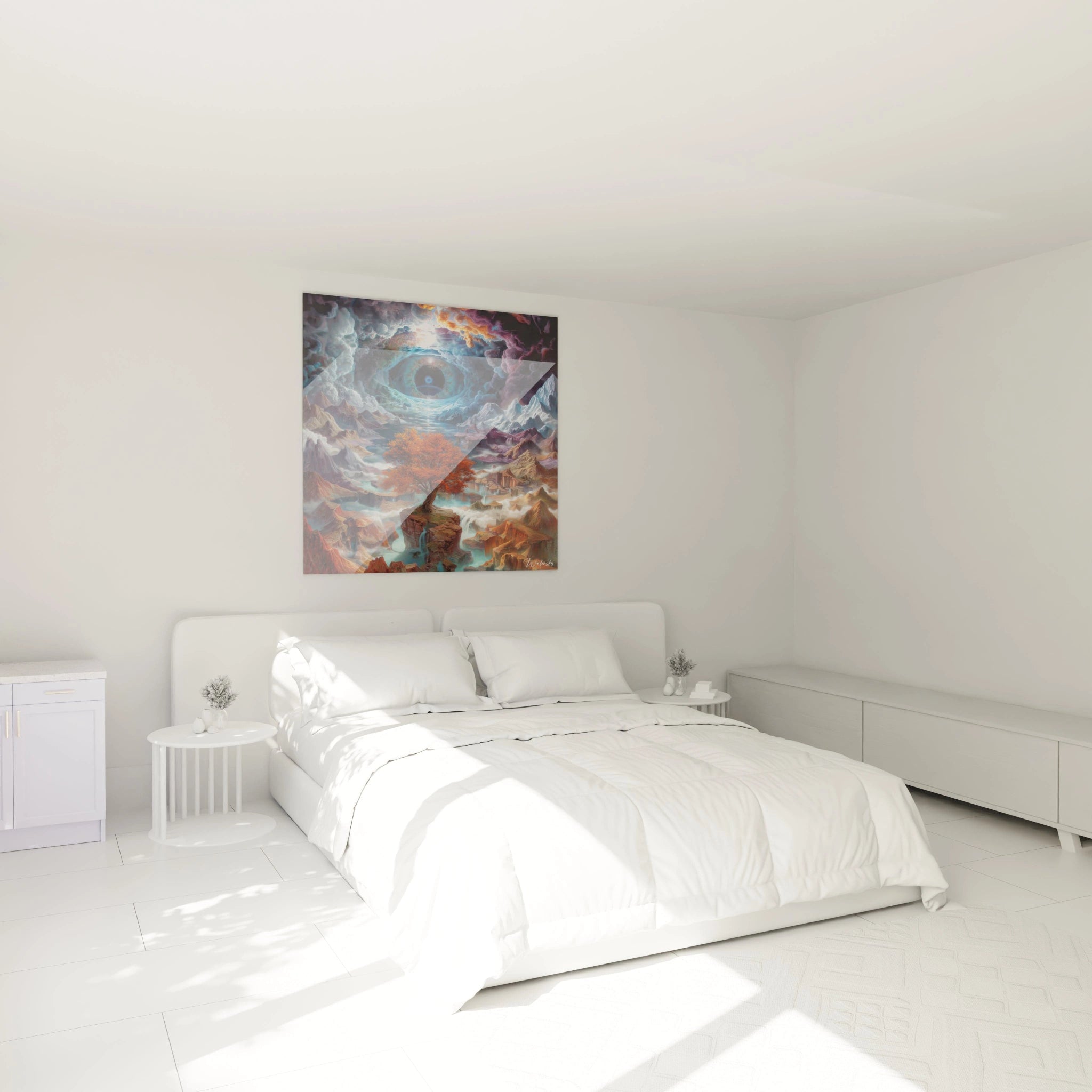 Chambre minimaliste avec lit blanc et grand tableau surréaliste œil portail de Walensky accroché au dessus