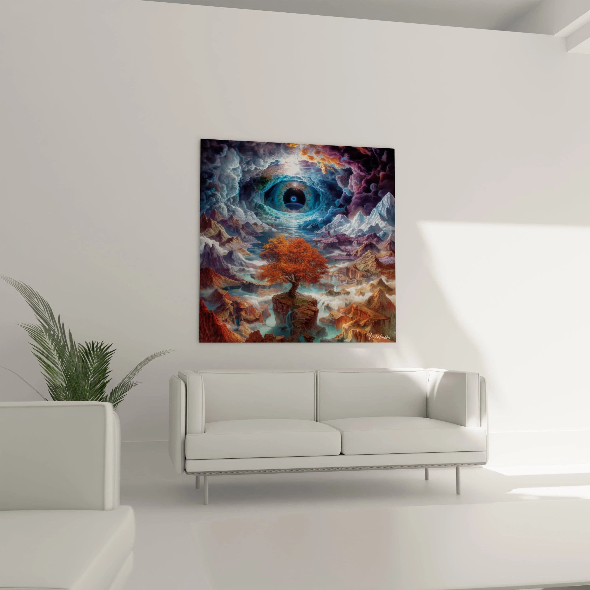 Walensky tableau mural carré avec tableau surréaliste œil portail arbre orange et montagnes colorées au dessus d'un canapé blanc