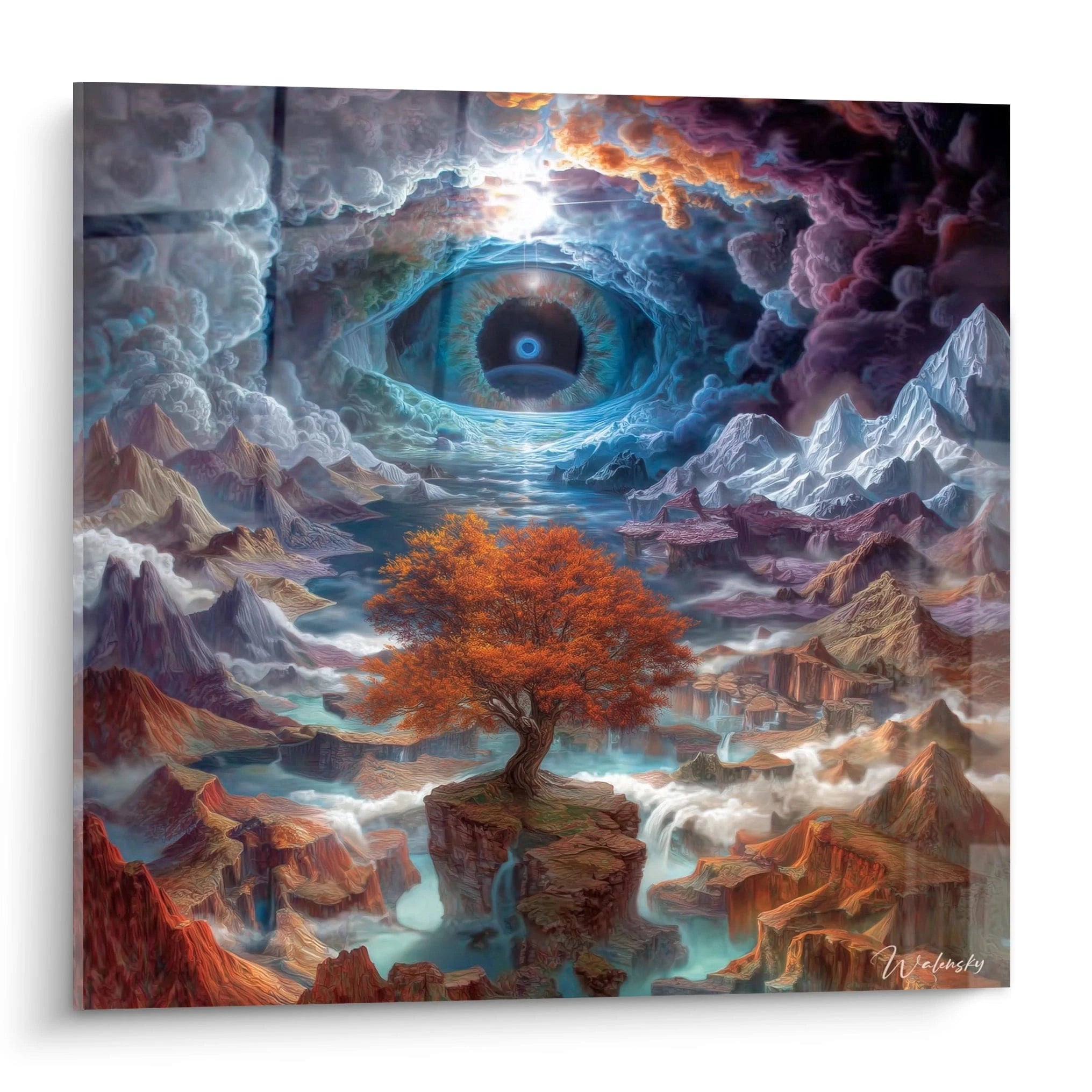 tableau surréaliste œil portail Walensky montrant un arbre rouge sur une falaise au centre de ce paysage onirique et montagneux
