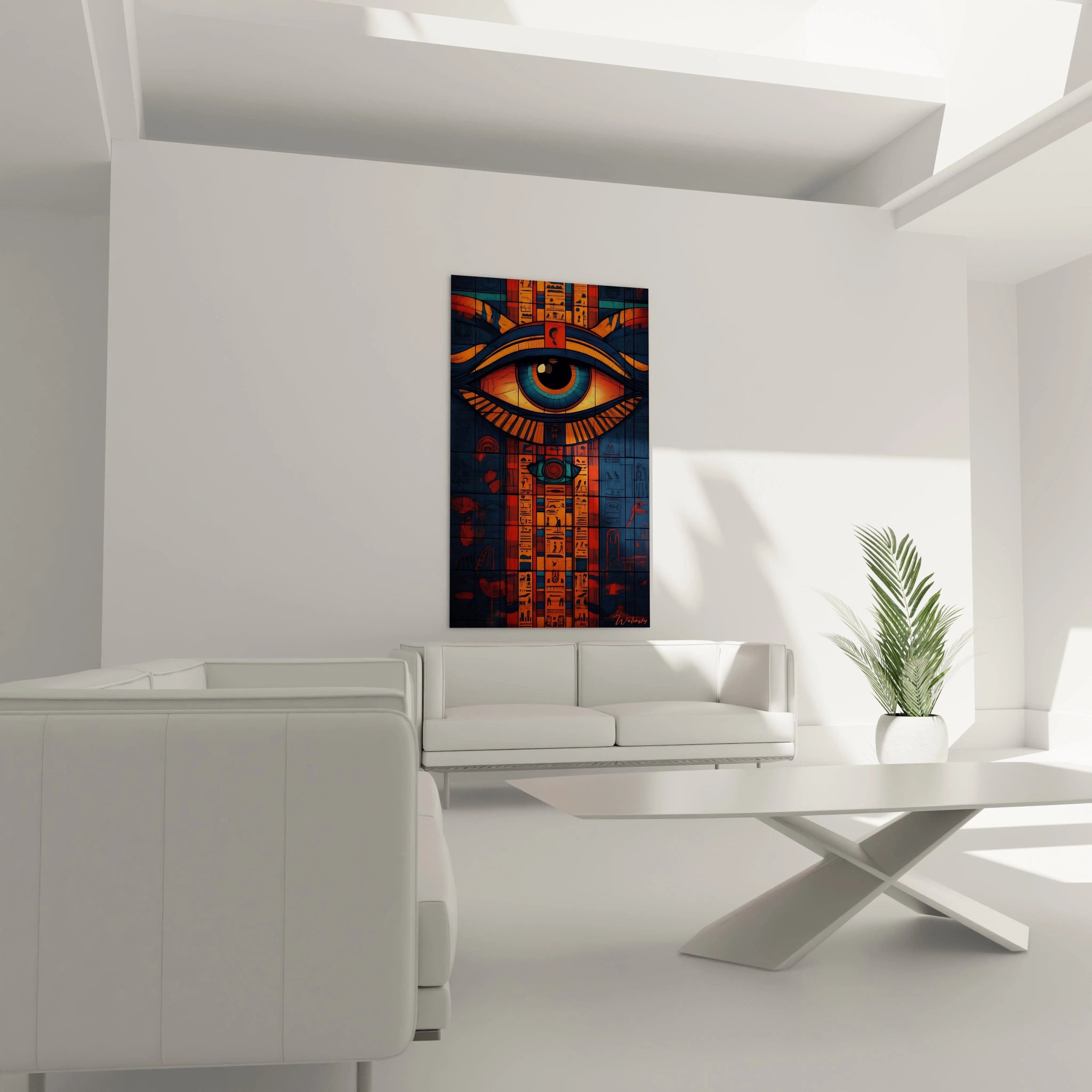Tableau Egypte mural Walensky avec design œil ancien égyptien dans salon moderne blanc