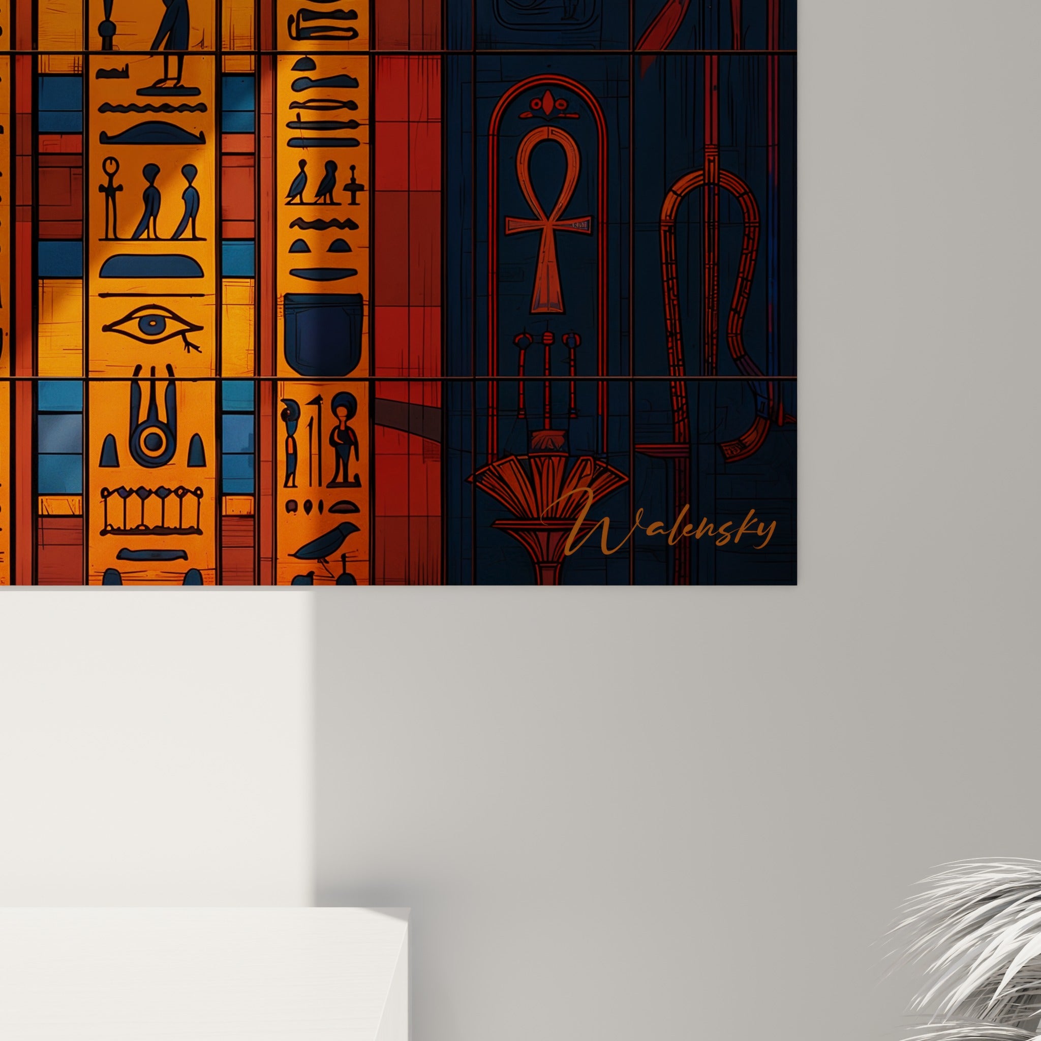 Tableau mural Égypte par Walensky avec motifs hiéroglyphes et couleurs orange foncé et bleu