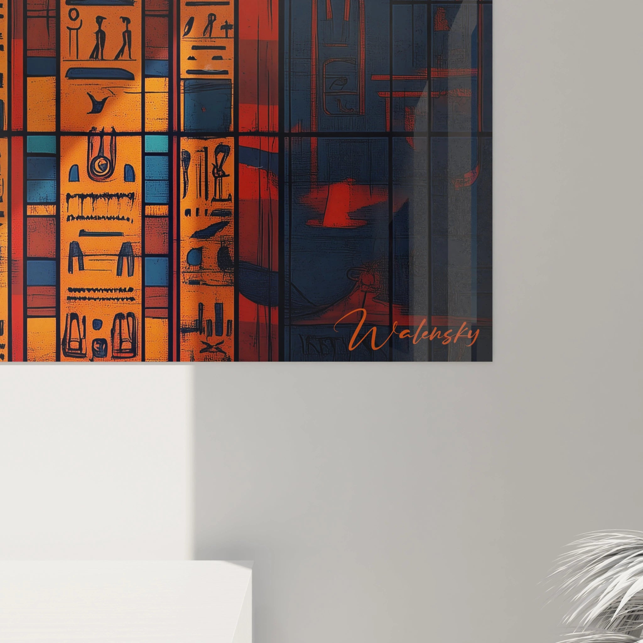 Tableau mural Égypte par Walensky avec motifs hiéroglyphes et couleurs orange foncé et bleu