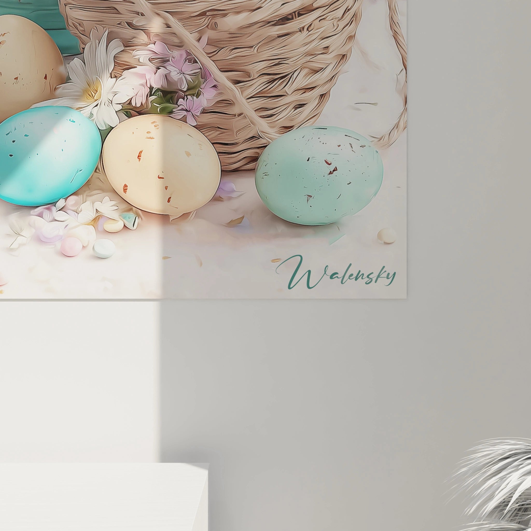 Tableau Walensky avec panier en osier oeufs pastel et fleurs printanieres tableau pâques décoration murale pour salon