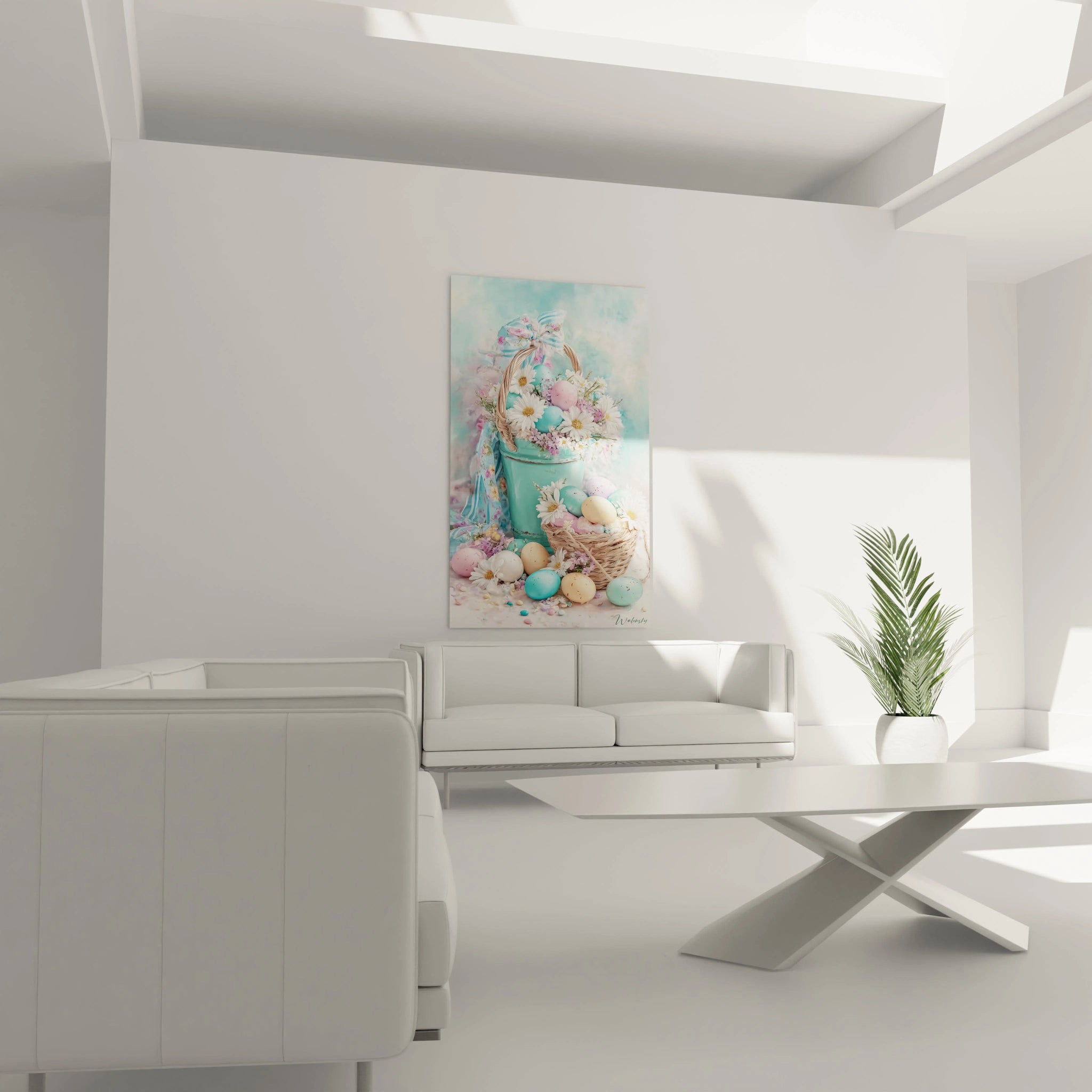 tableau pâques décoration murale Walensky montrant un panier d oeufs pastel et fleurs suspendu au dessus d un canapé blanc