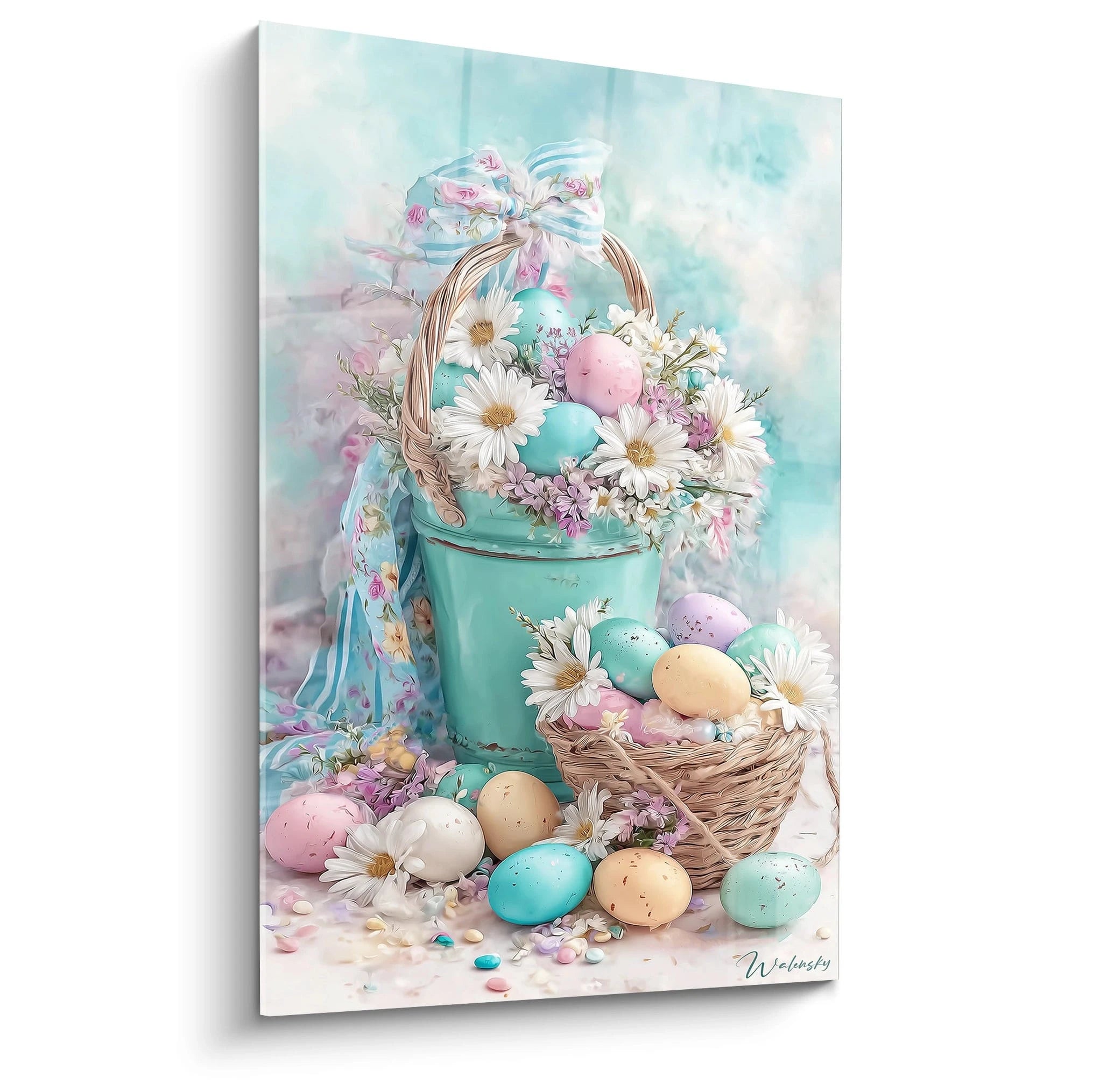 tableau pâques décoration murale Walensky montrant panier et seau pastel avec oeufs colorés et marguerites