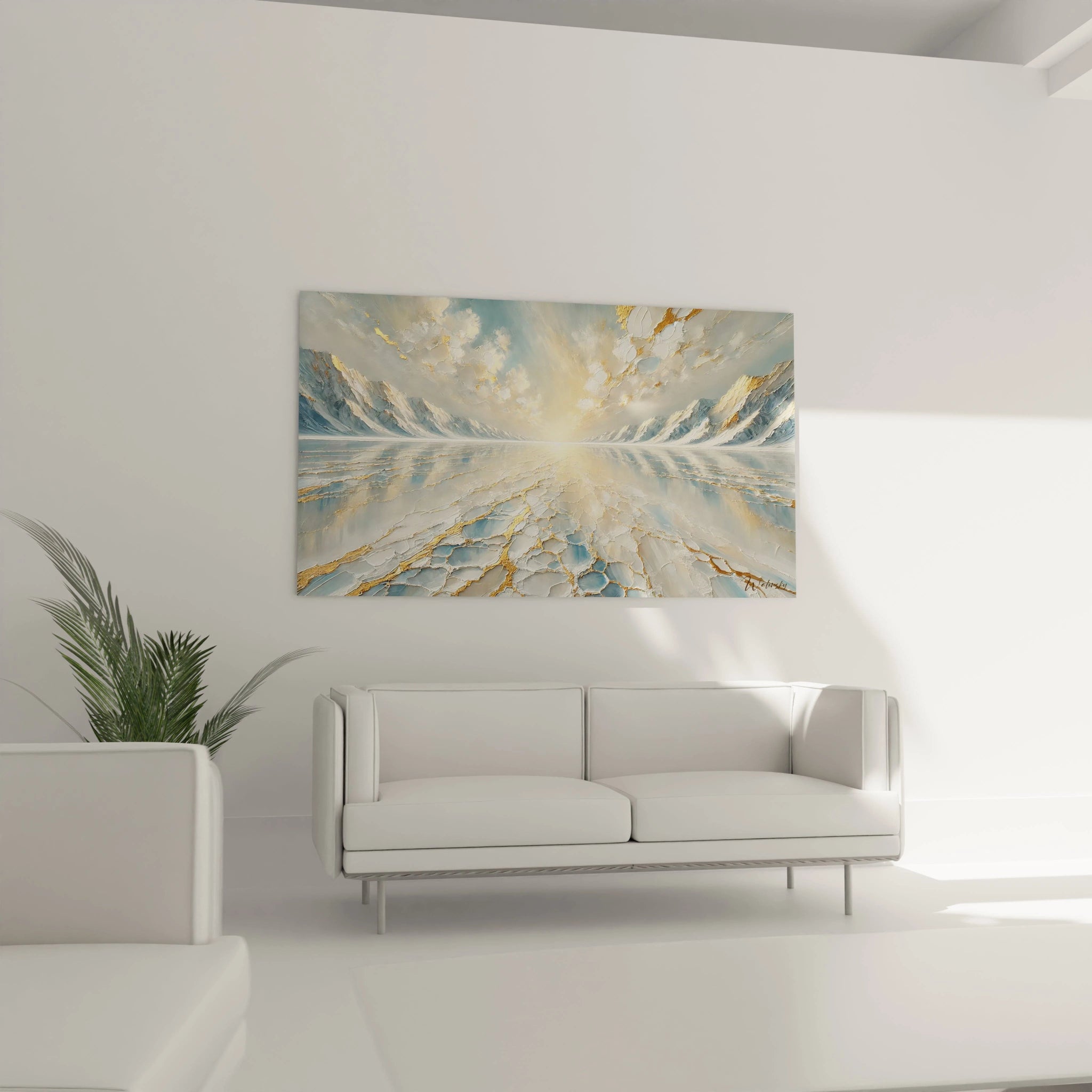 Tableau oeuvre paysagere suspendu dans un salon au dessus d un canape melant realisme et abstraction pour une meditation visuelle unique