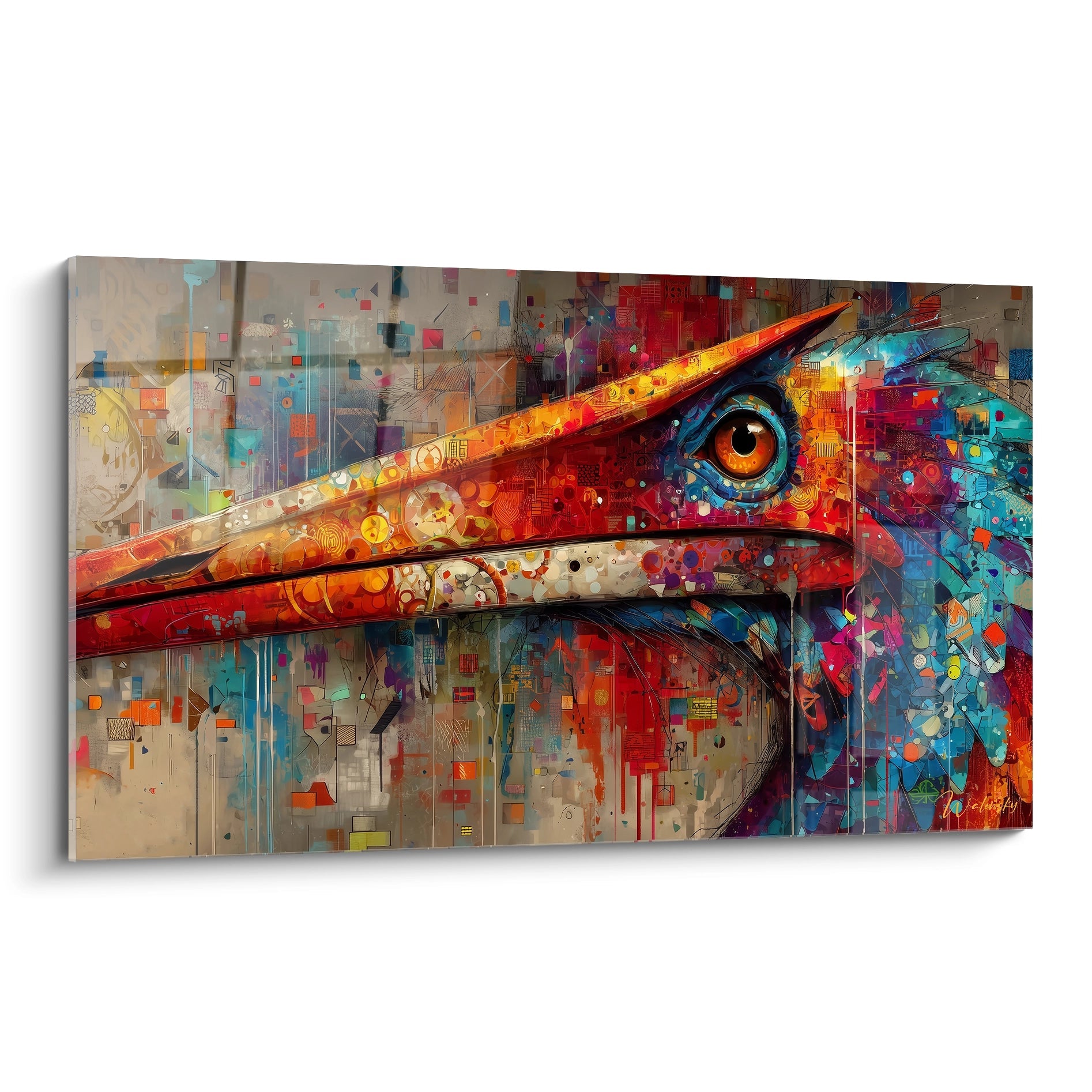 Tableau mural oiseau abstrait coloré avec bec orange et œil intense, art moderne contemporain