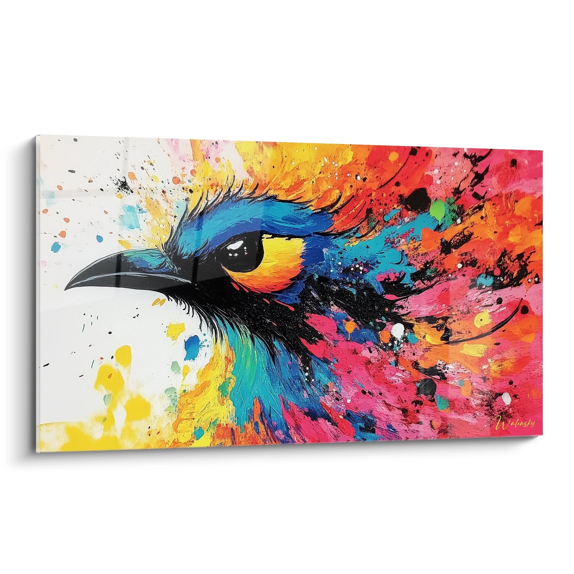 Tableau oiseau coloré abstrait moderne avec explosion de couleurs vives art mural contemporain