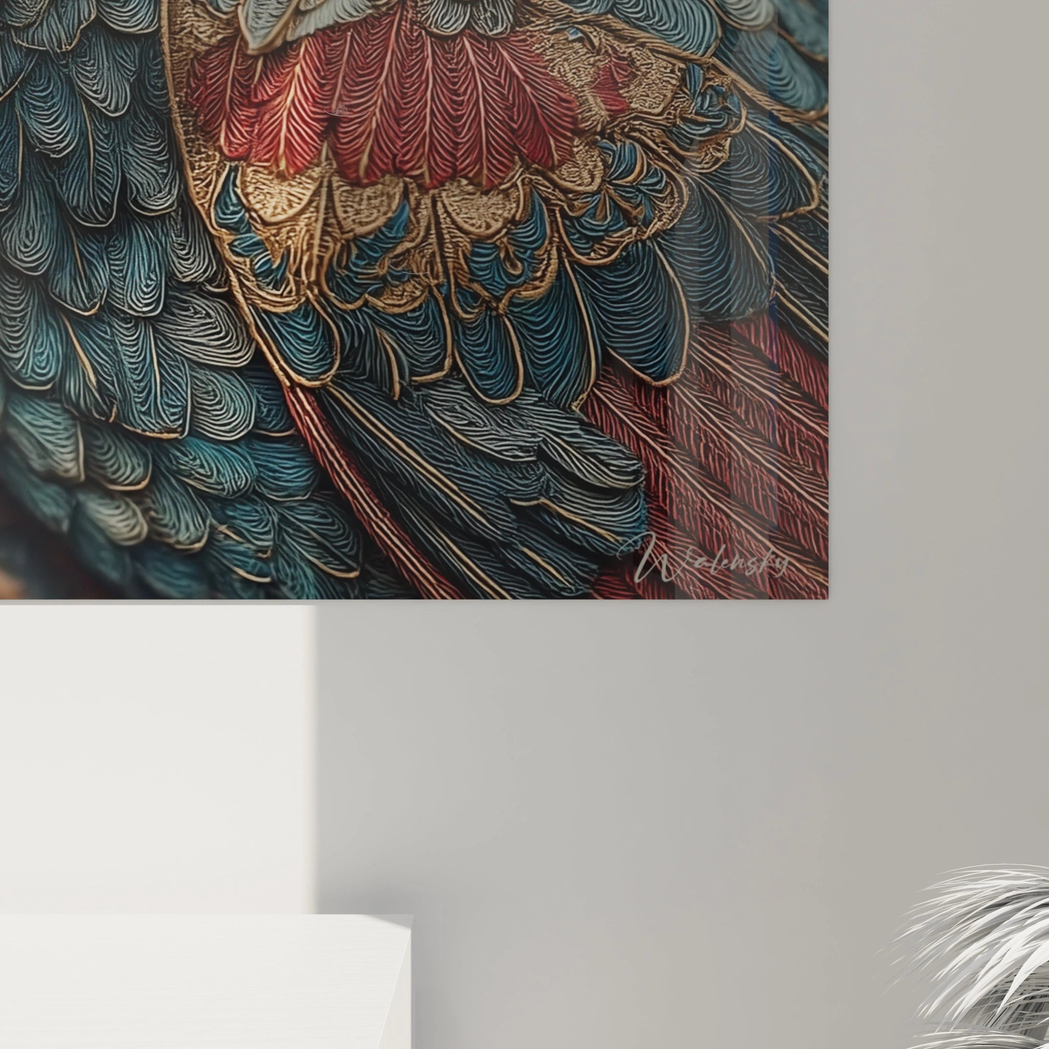 tableau oiseau art nouveau Walensky gros plan sur plumes détaillées bleu vert rouge et or posé au mur