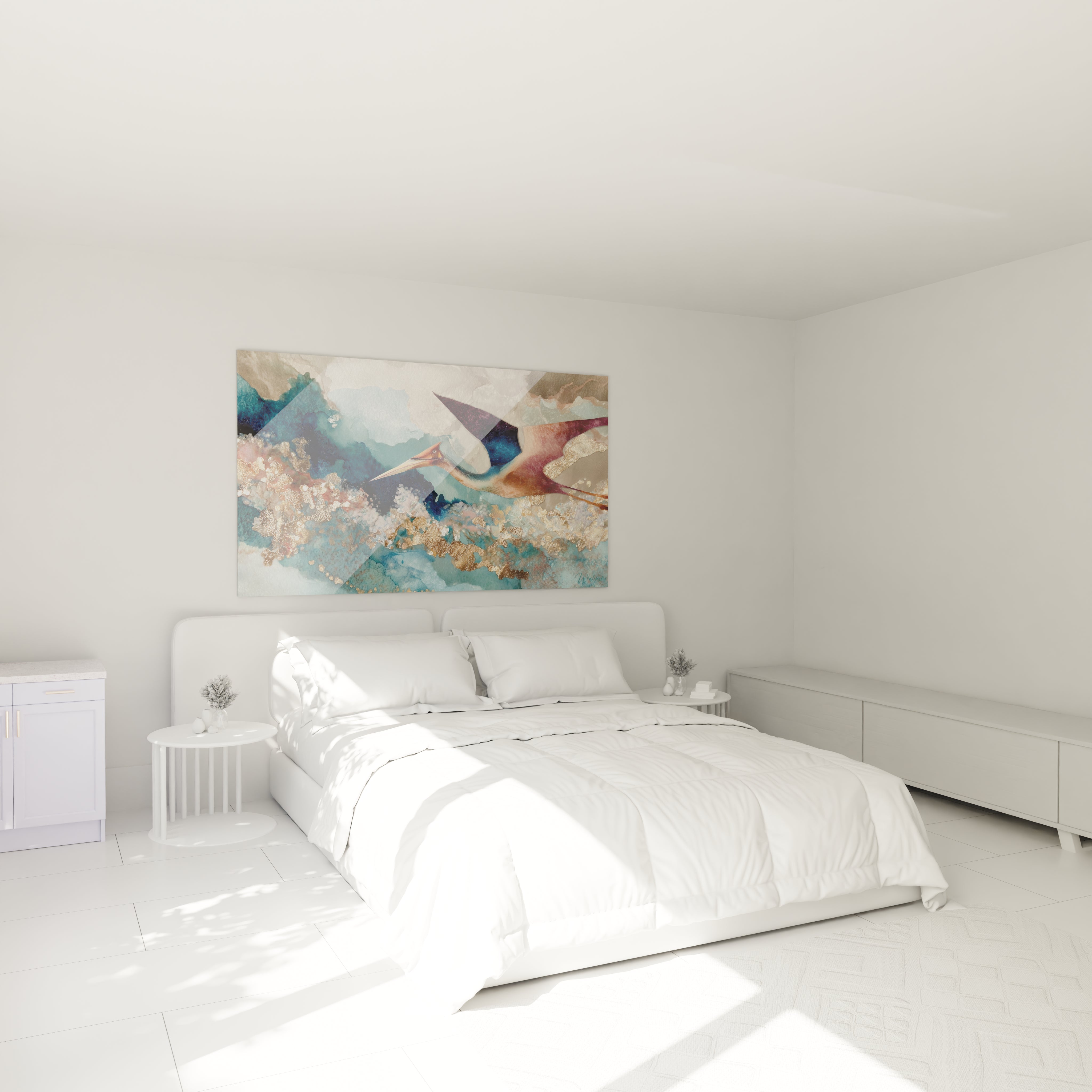 Tableau oiseau marin décoratif dans ambiance chambre moderne, art mural bleu et doré apaisant