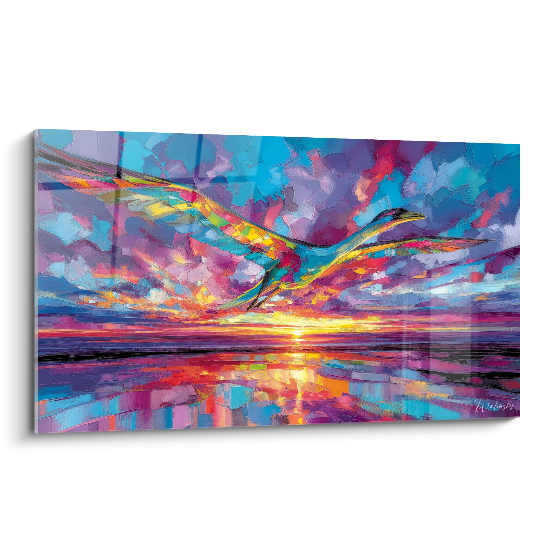 Tableau oiseau multicolore volant dans ciel prismatique - art mural moderne Argentavis