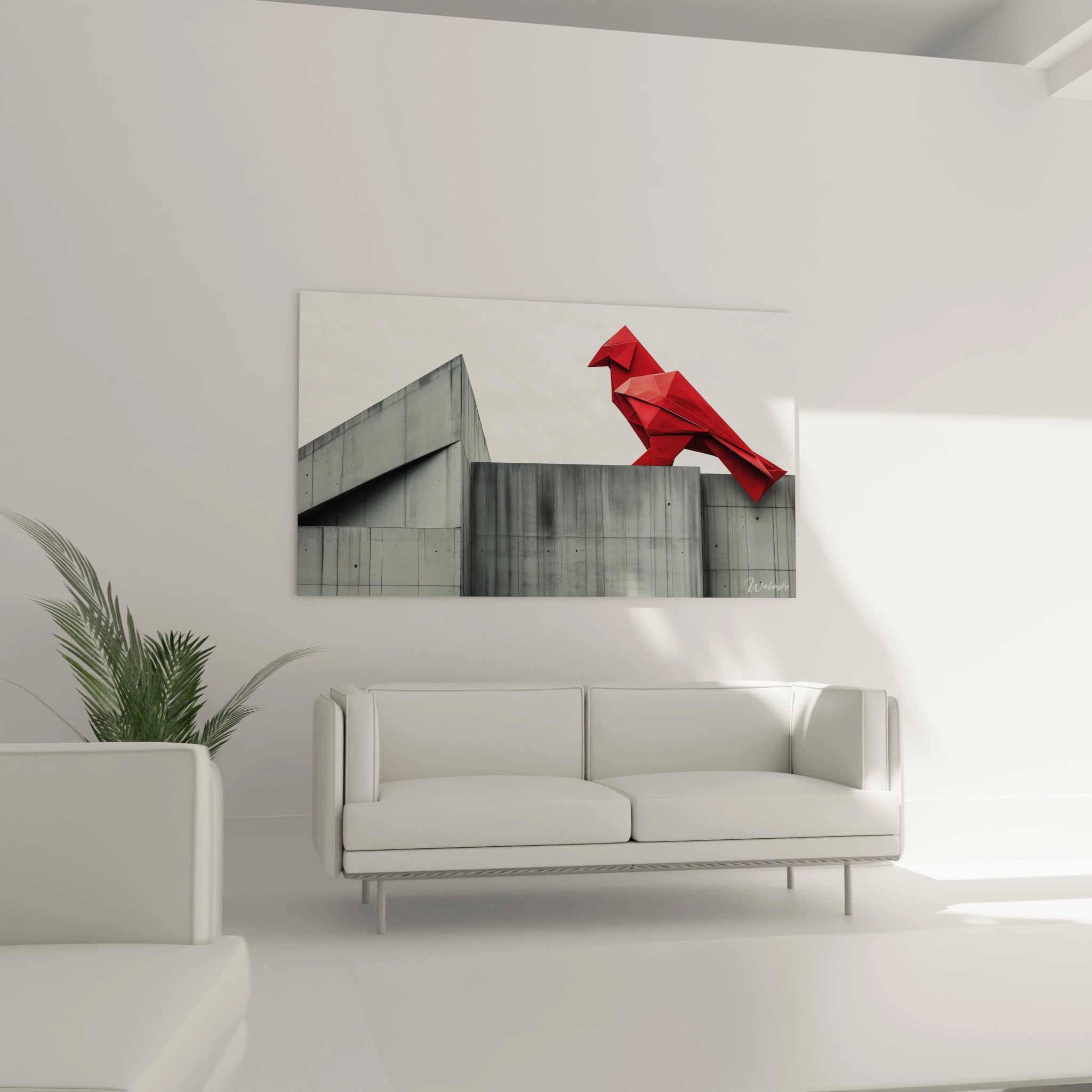 Tableau art architectural présentant un oiseau origami écarlate aux facettes angulaires placé sur des blocs de béton gris texturé, illustrant la rencontre entre forme organique stylisée et structure urbaine, dans une palette chromatique restreinte à trois couleurs.