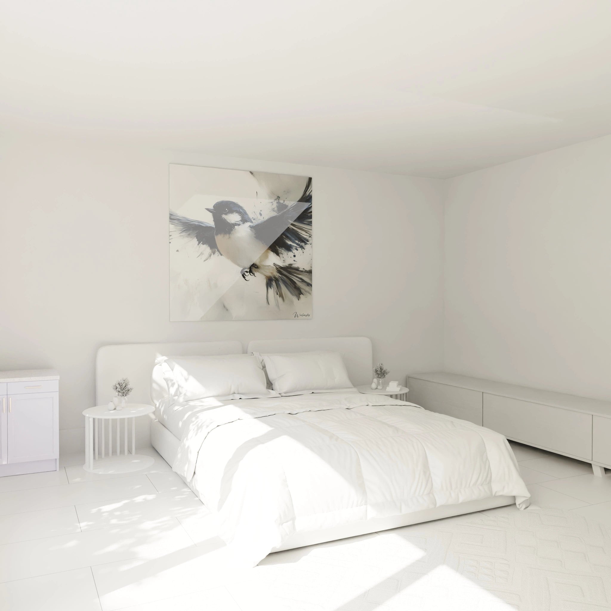 Tableau oiseau Walensky accroché au mur dans une chambre blanche moderne avec grand lit double