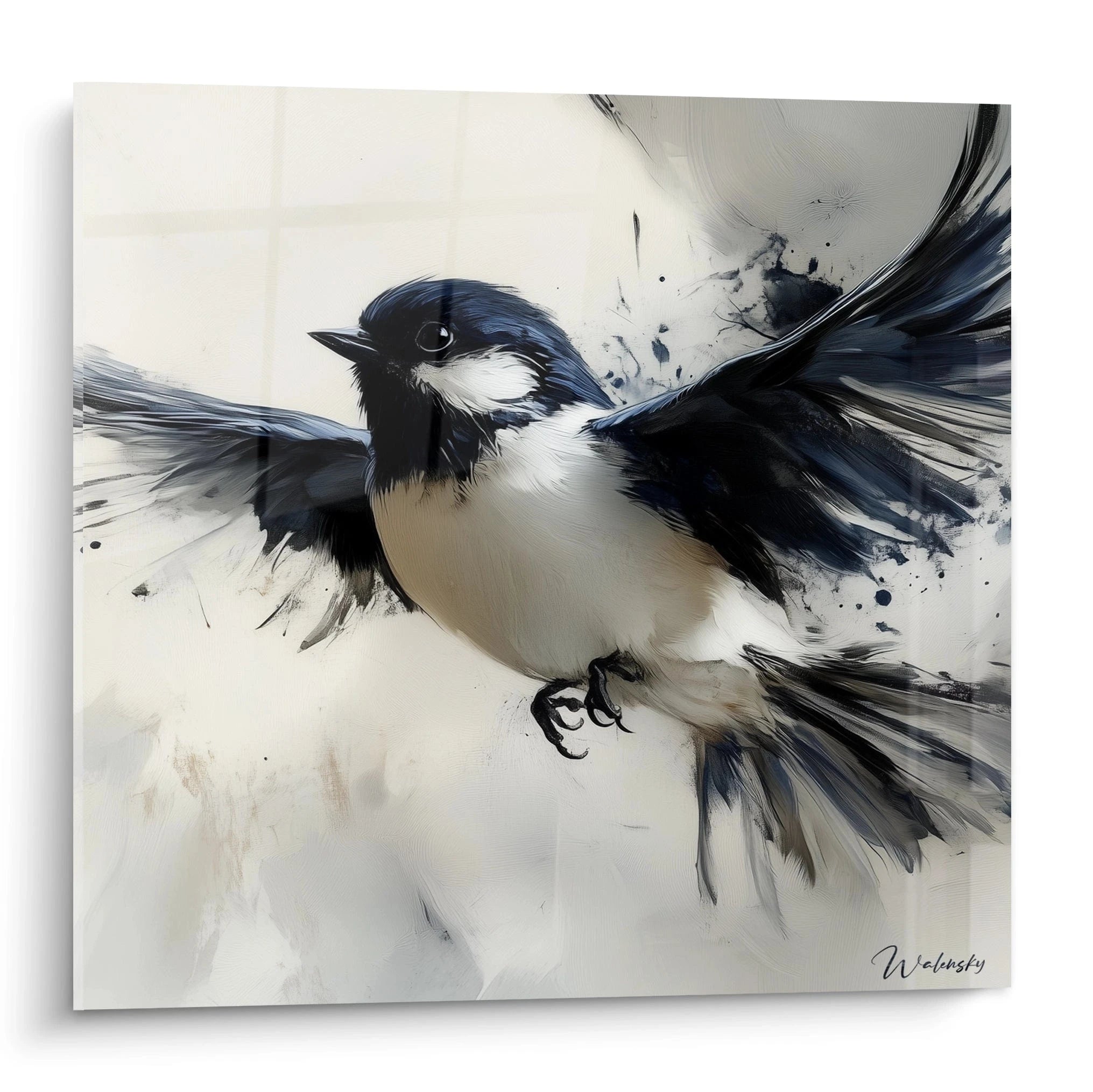 Tableau oiseau Walensky représentant un oiseau en vol au plumage noir et blanc avec effet peinture