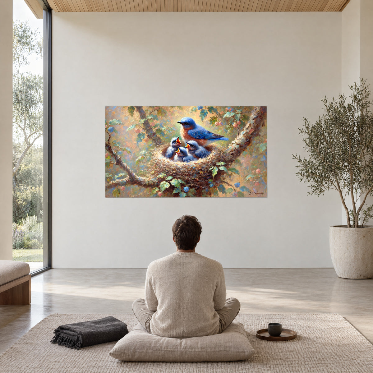 Wall art azure mother bird watching over her brood, rosy ochre background and greenery, white wall in a minimalist room with a potted olive tree