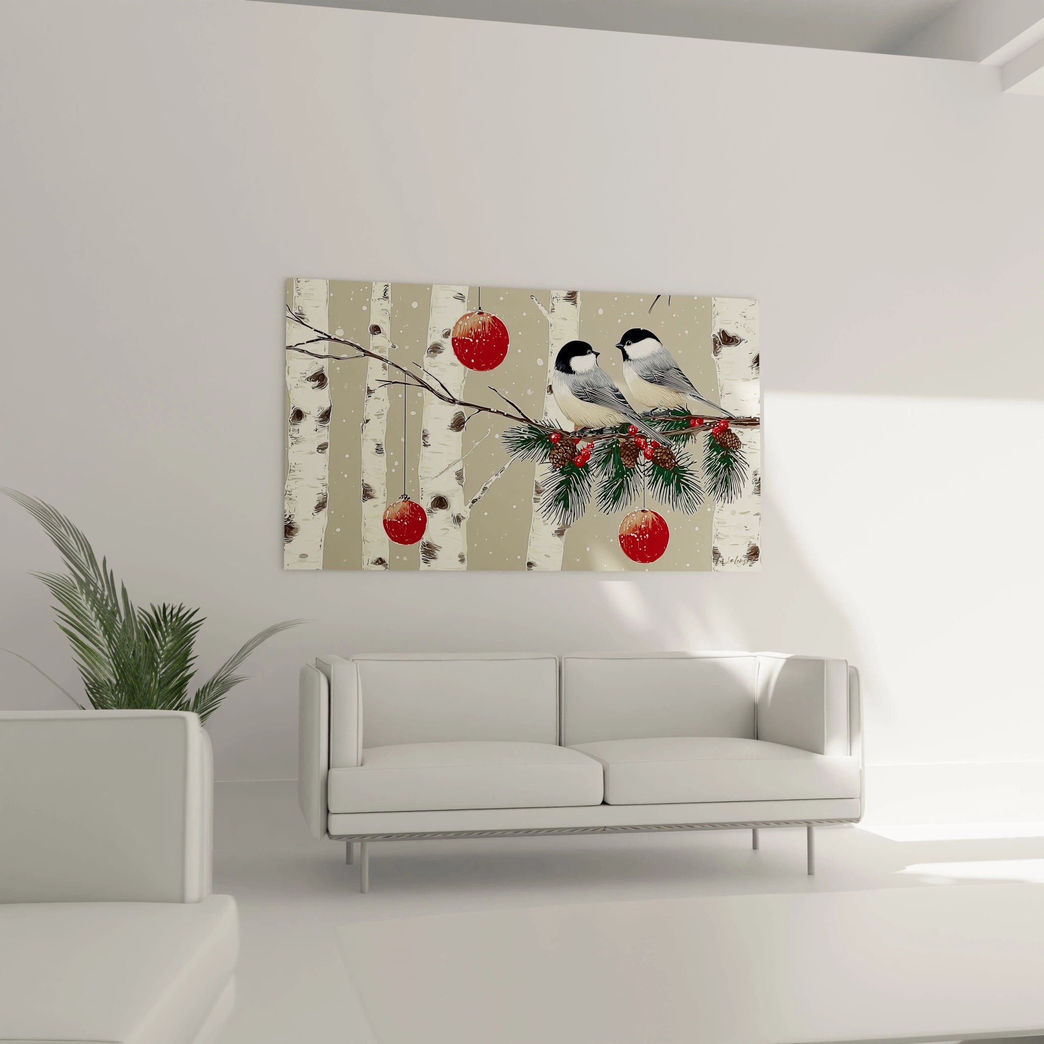 Tableau oiseaux manteau blanc Noël avec des oiseaux sur une branche entourés de décorations festives