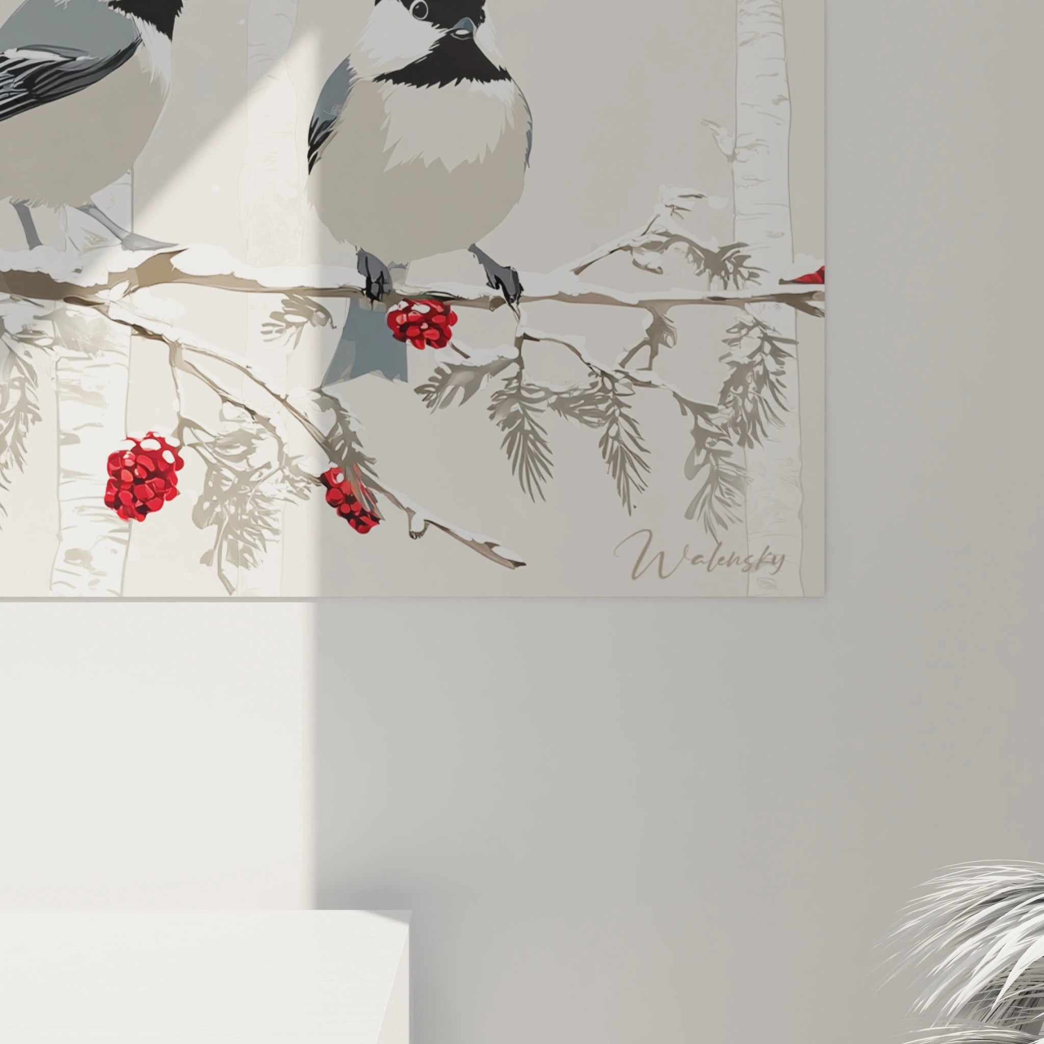 Tableau oiseaux décoration Noël avec des oiseaux sur une branche ornée de baies rouges