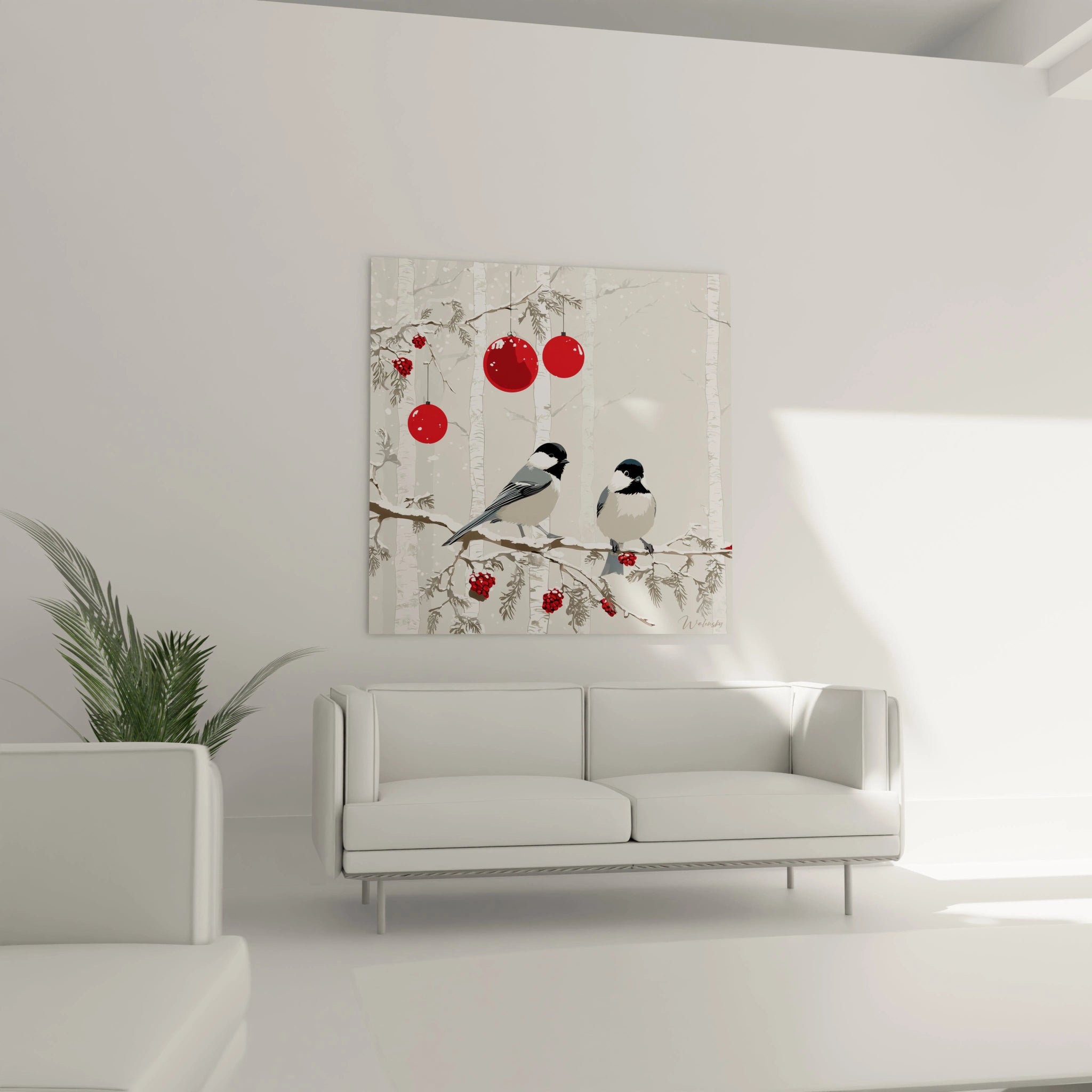 Tableau oiseaux décoration Noël avec des oiseaux sur une branche et des boules rouges dans un décor moderne