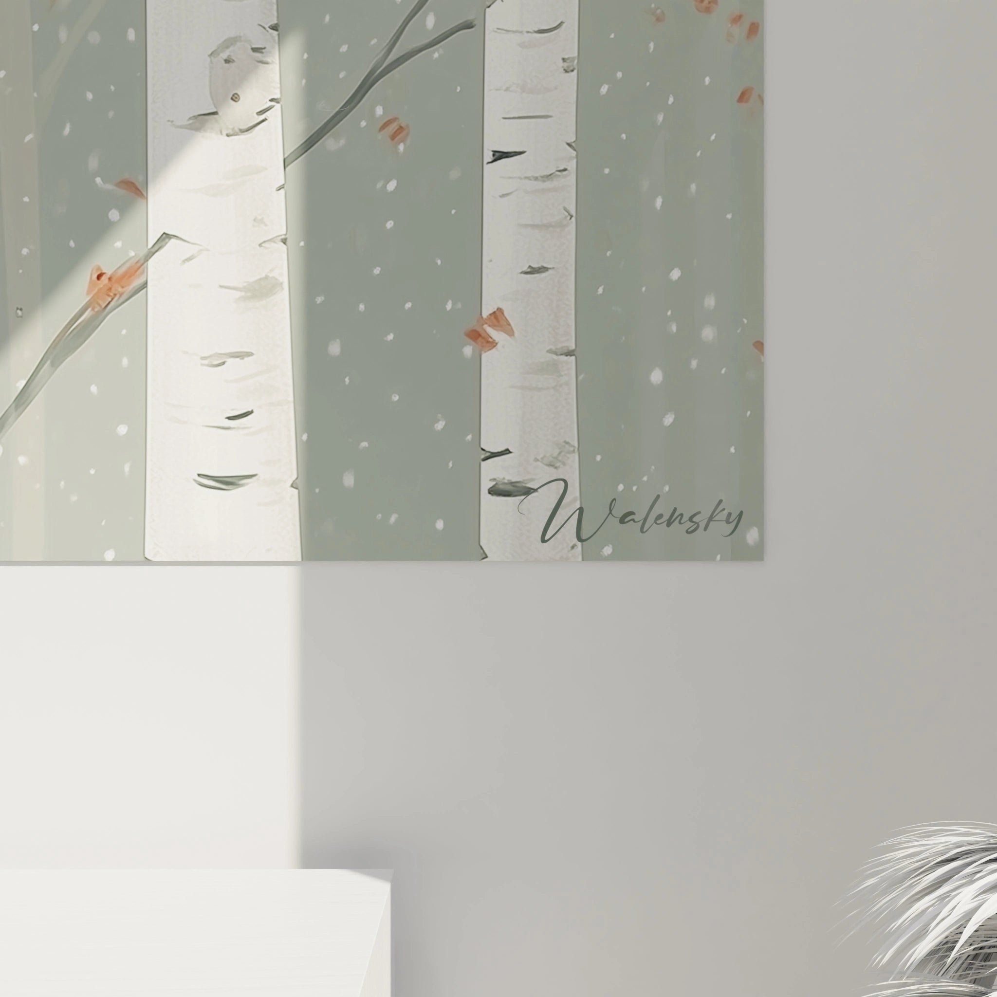 Tableau oiseaux Noël de Walensky avec un design d'arbres en hiver et des oiseaux colorés