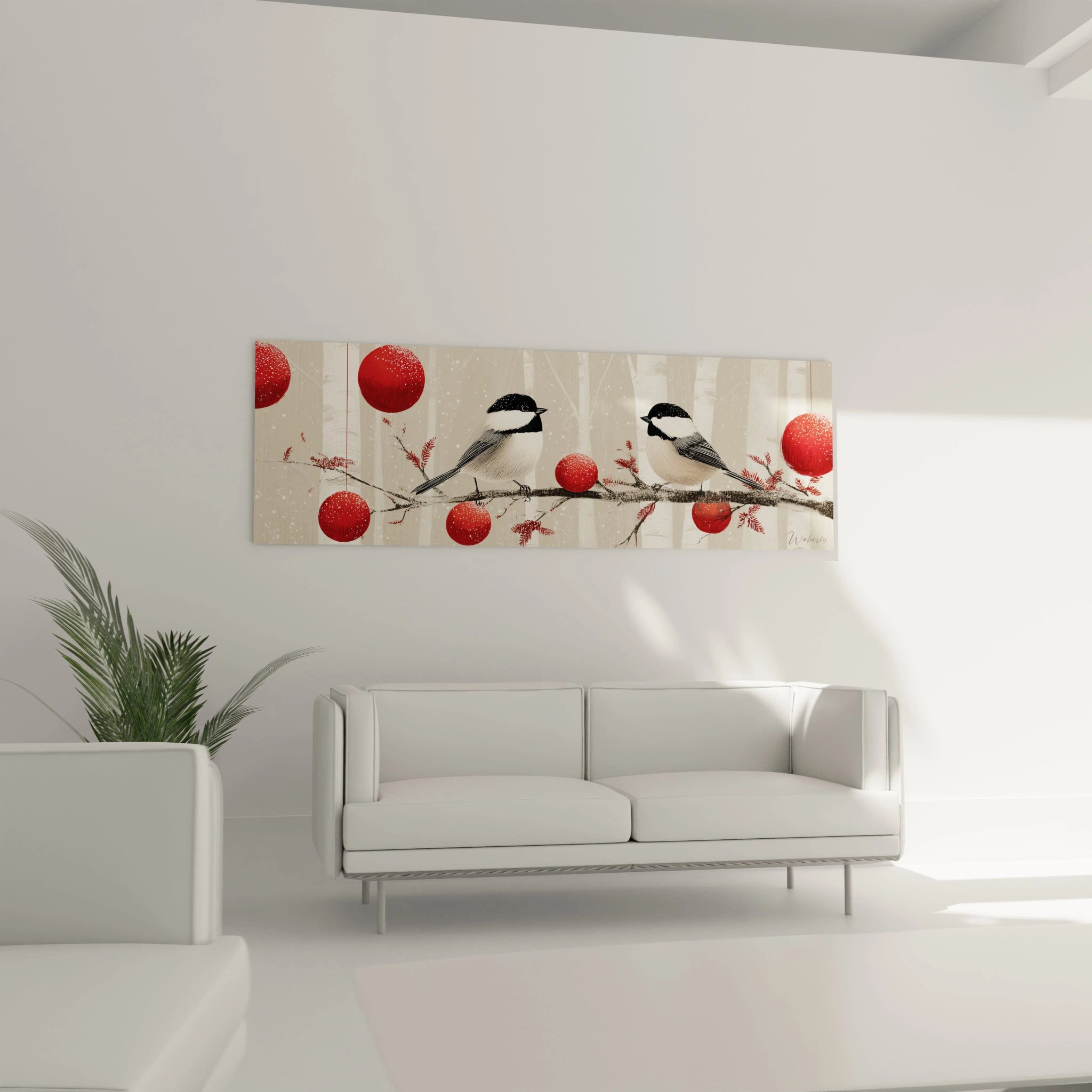 Tableau oiseaux décoration Noël avec des oiseaux sur une branche et des boules rouges