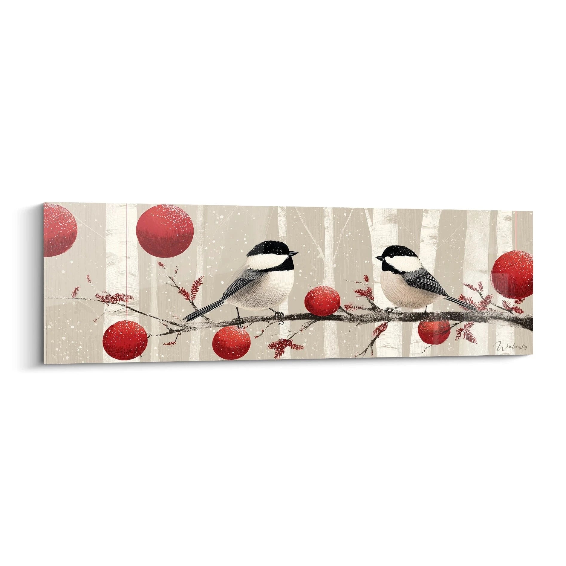 Tableau oiseaux décoration Noël avec deux oiseaux sur une branche, décoré de boules rouges