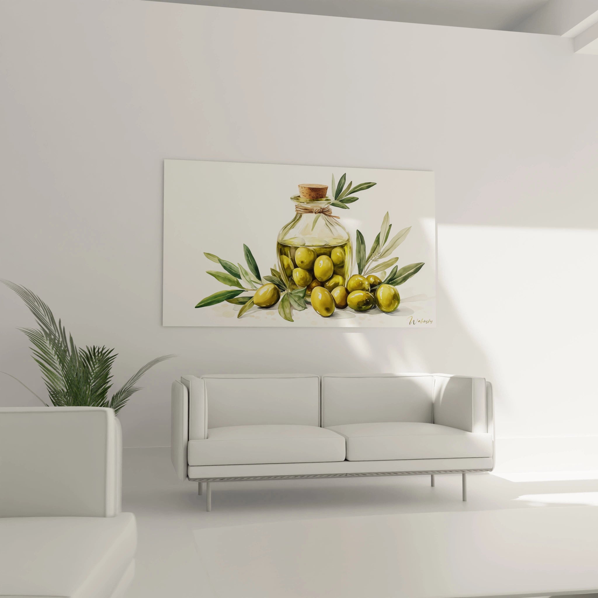 Un tableau olive mettant en scĂšne un flacon de verre contenant des olives et de lâhuile, disposĂ© avec des branches feuillues. Teintes vertes et dorĂ©es, contrastant avec un arriĂšre-plan blanc.